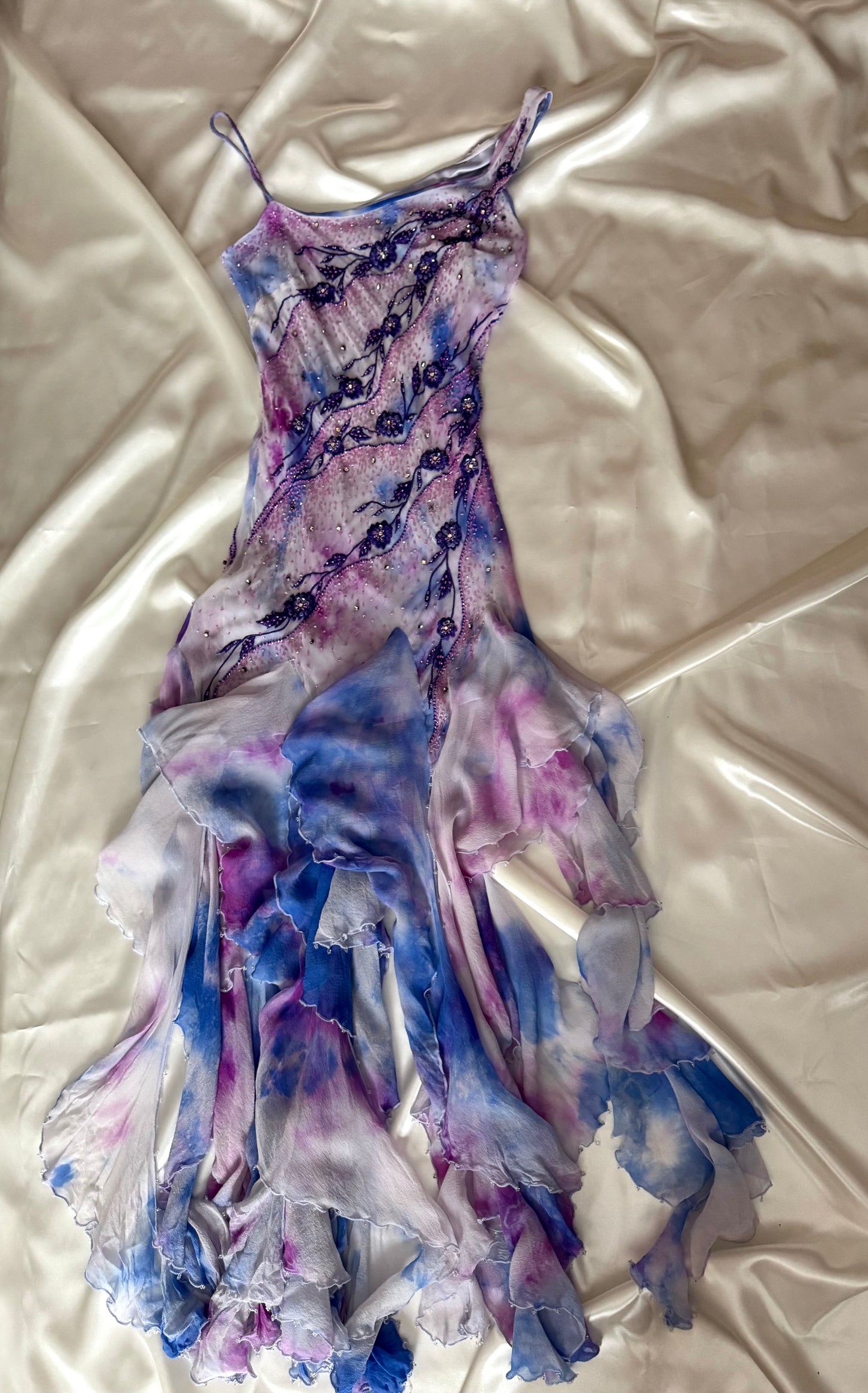 Vintage Frill Skirt Purple and White Beaded Silk Dress