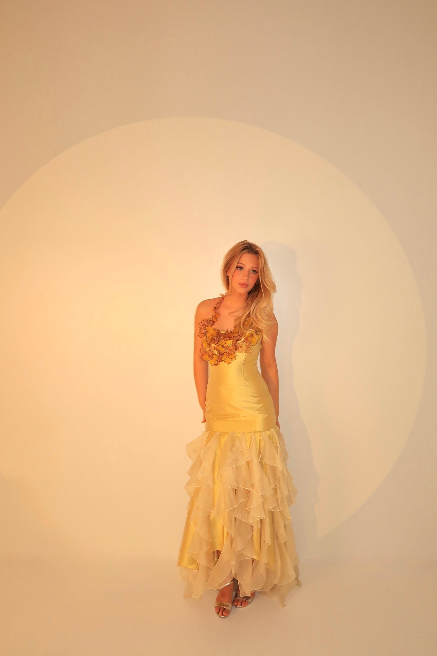 Beautiful Floral Subtle Yellow Silk Vintage Dress