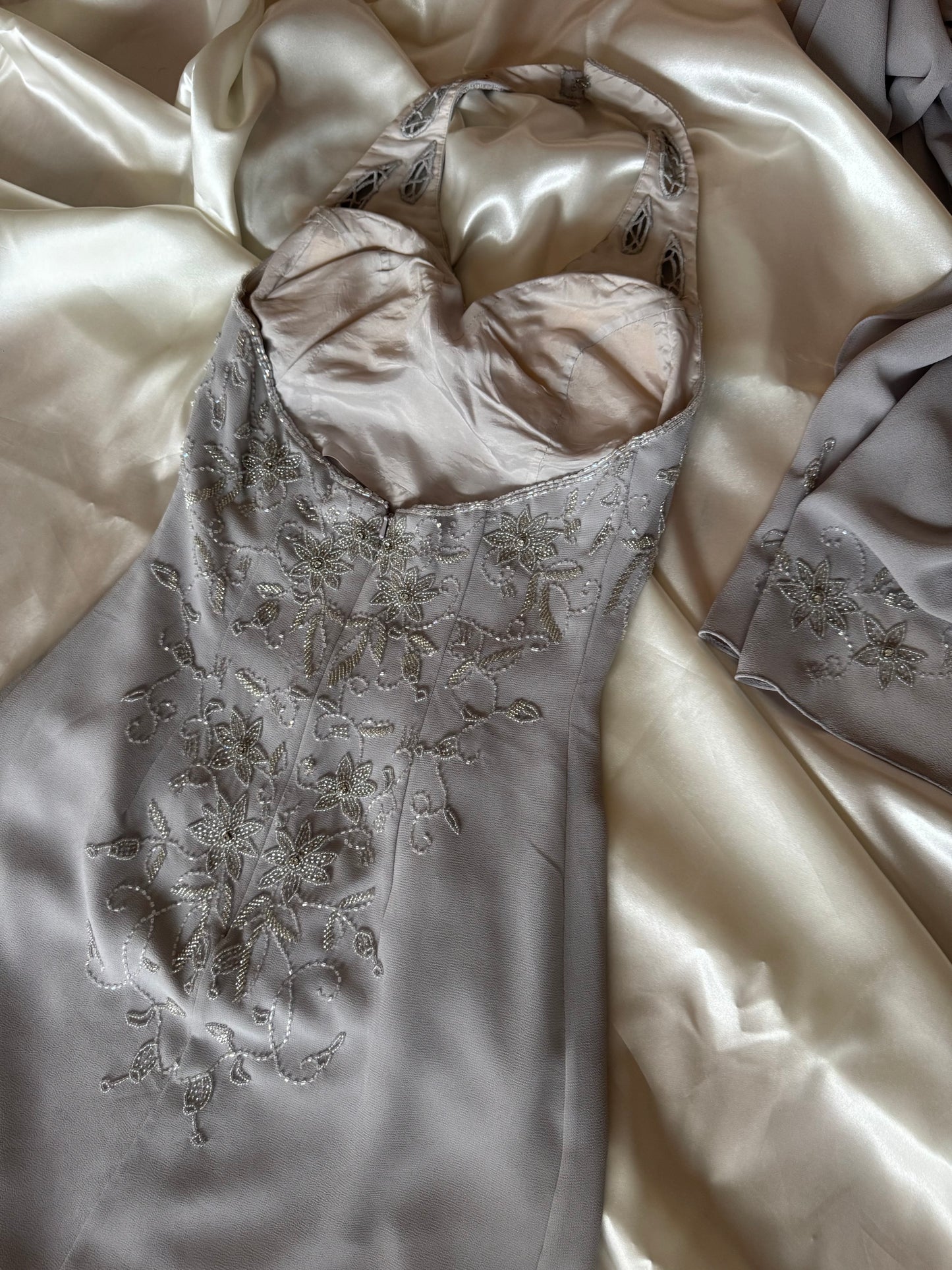 Gorgeous Gray Beaded Floral Vintage Royal Gown