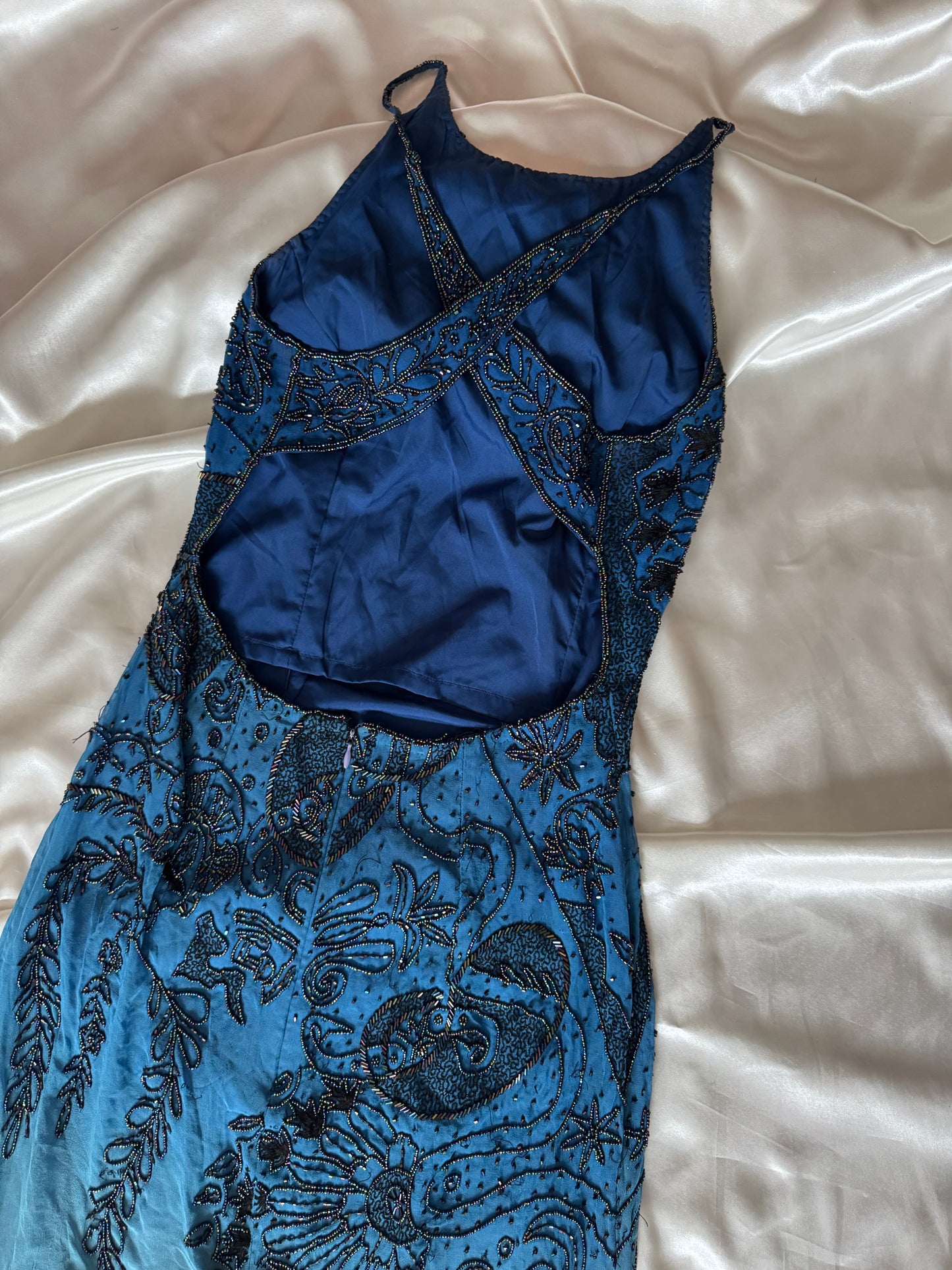 Spectacular Blue Maxi Silk Beaded Vintage Dress
