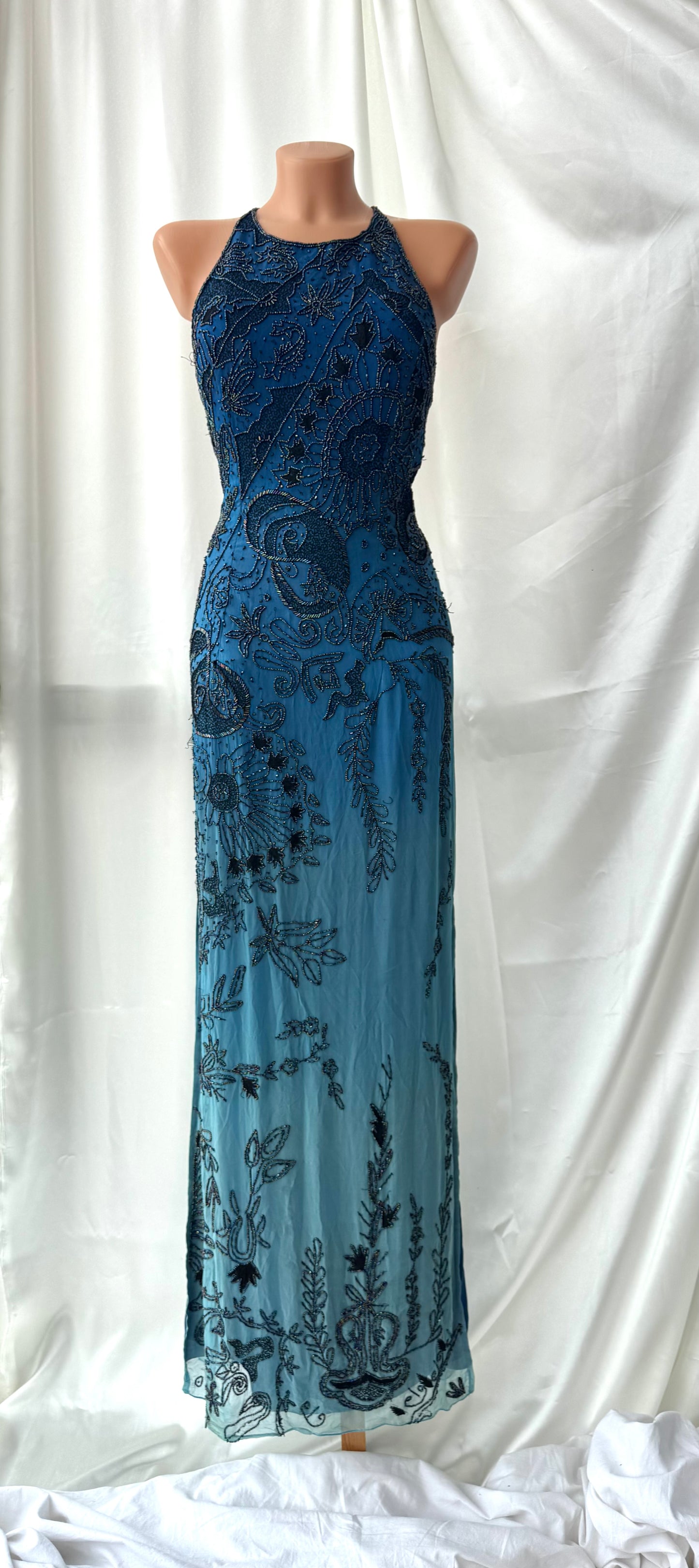 Spectacular Blue Maxi Silk Beaded Vintage Dress