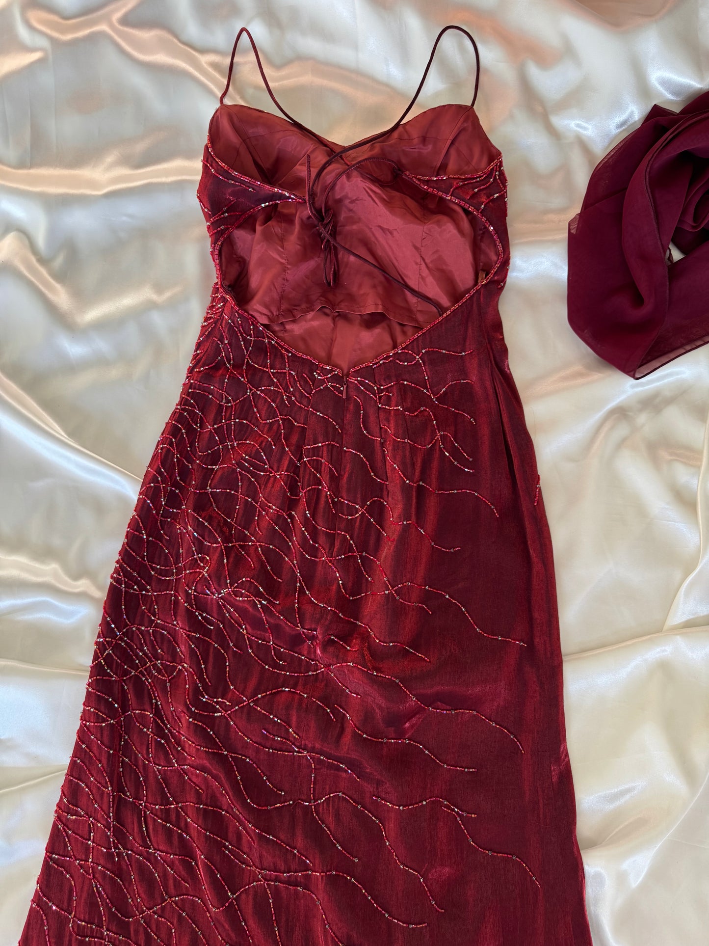 Red Flame Vampy Long Vintage Satin Beaded Gown
