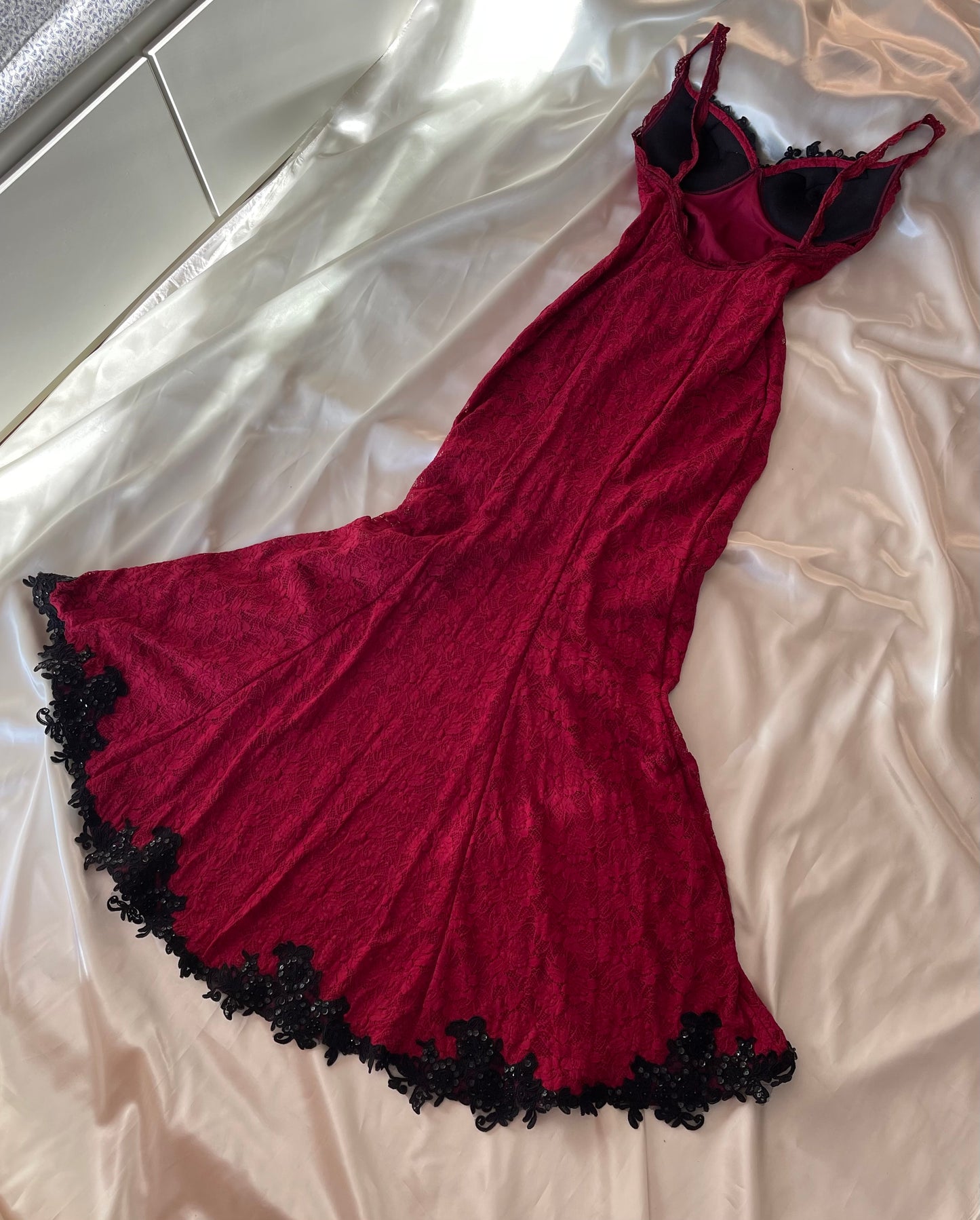Red Vintage Gown with Black Lace Detailing