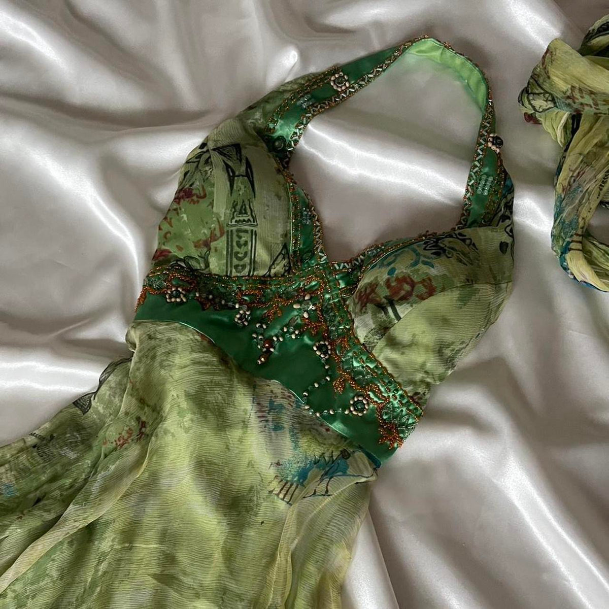 Green Silk Beaded Vintage Dress