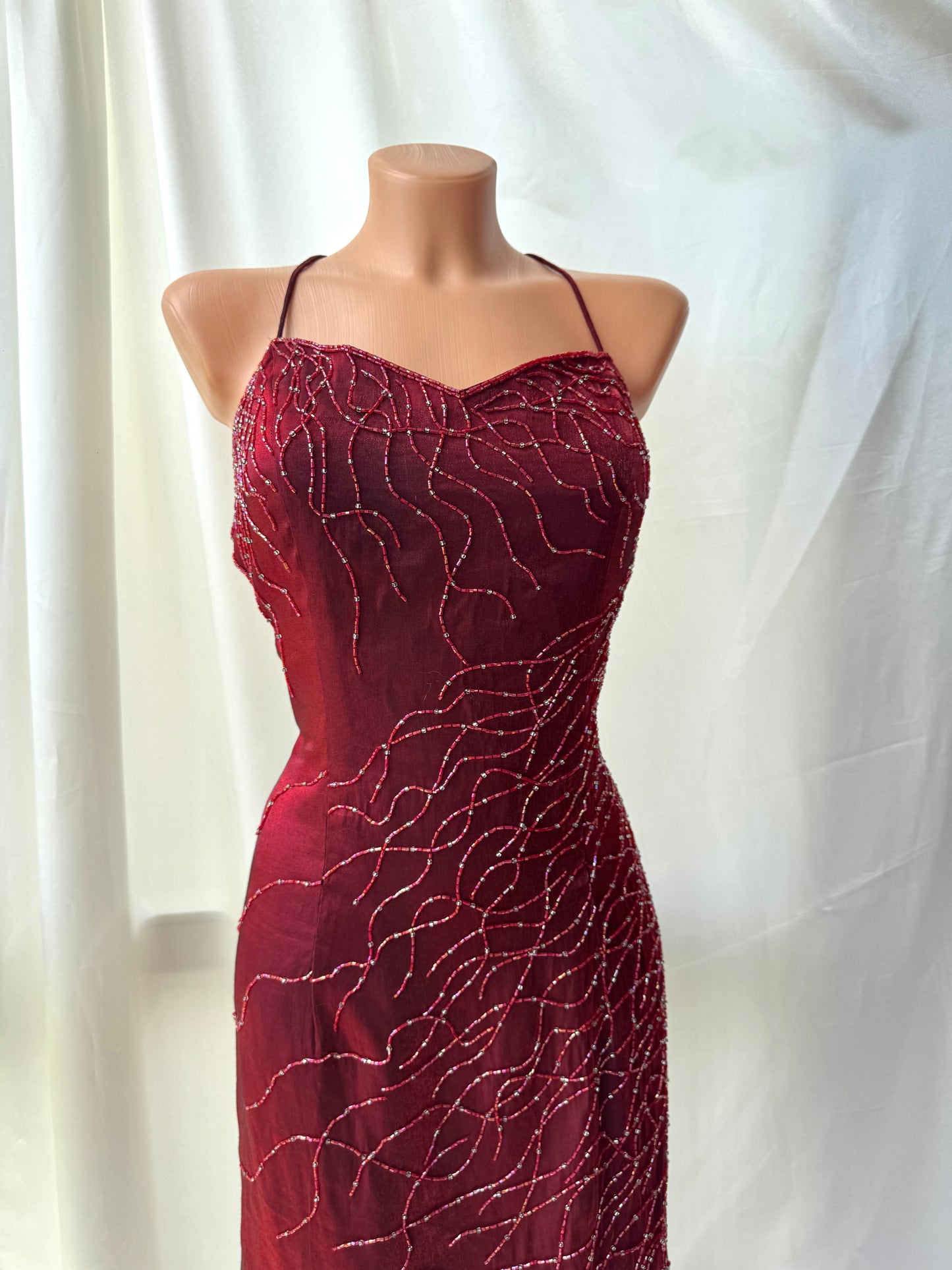 Red Flame Vampy Long Vintage Satin Beaded Gown