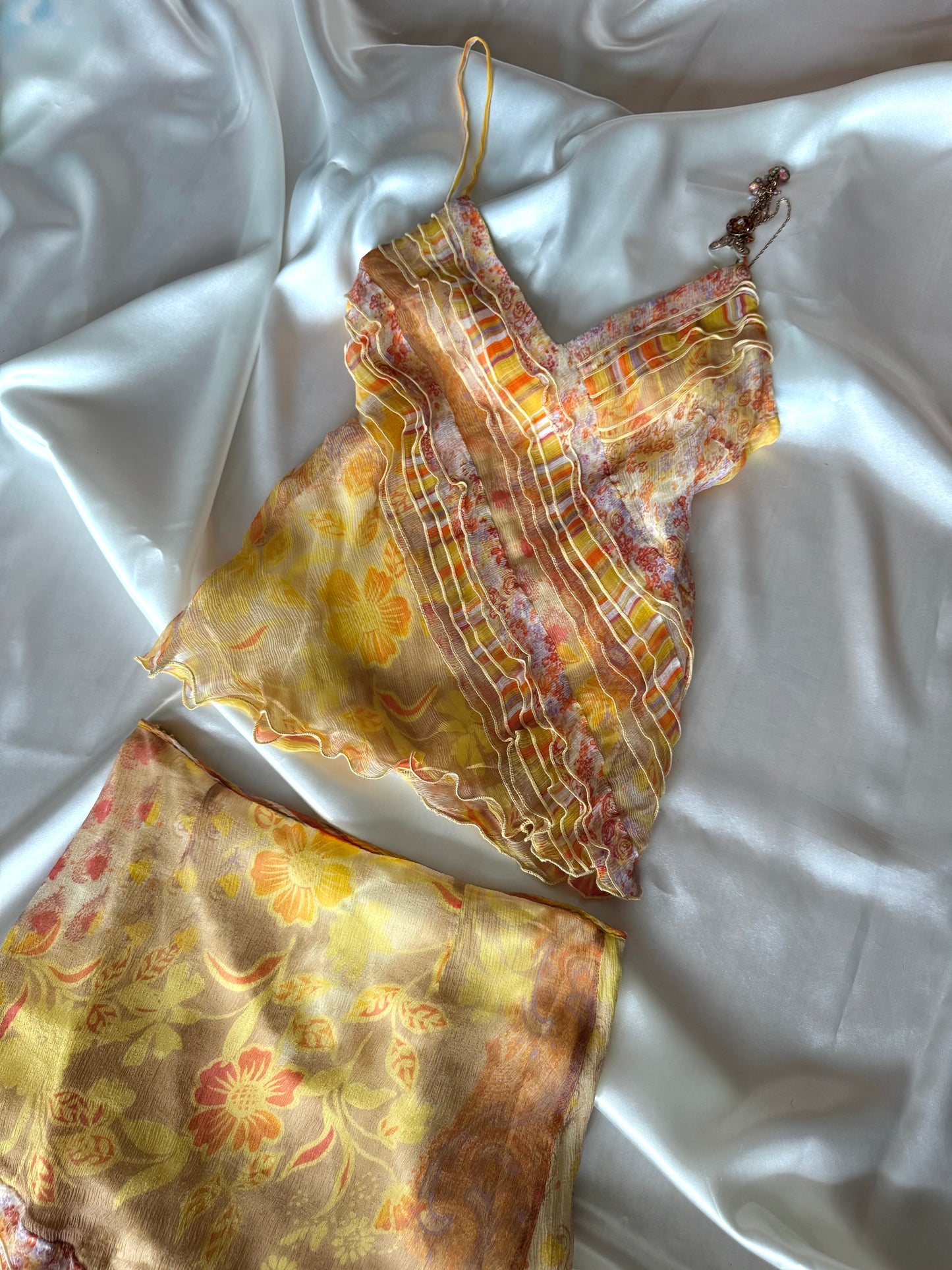 Vintage Yellow Floral & Striped Silk Skirt Set