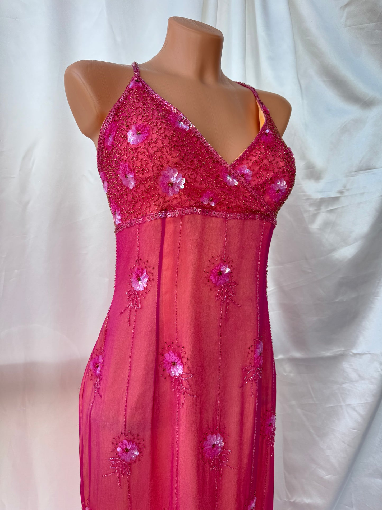 Stunning Beaded Vintage Pink Flower Silk Dress