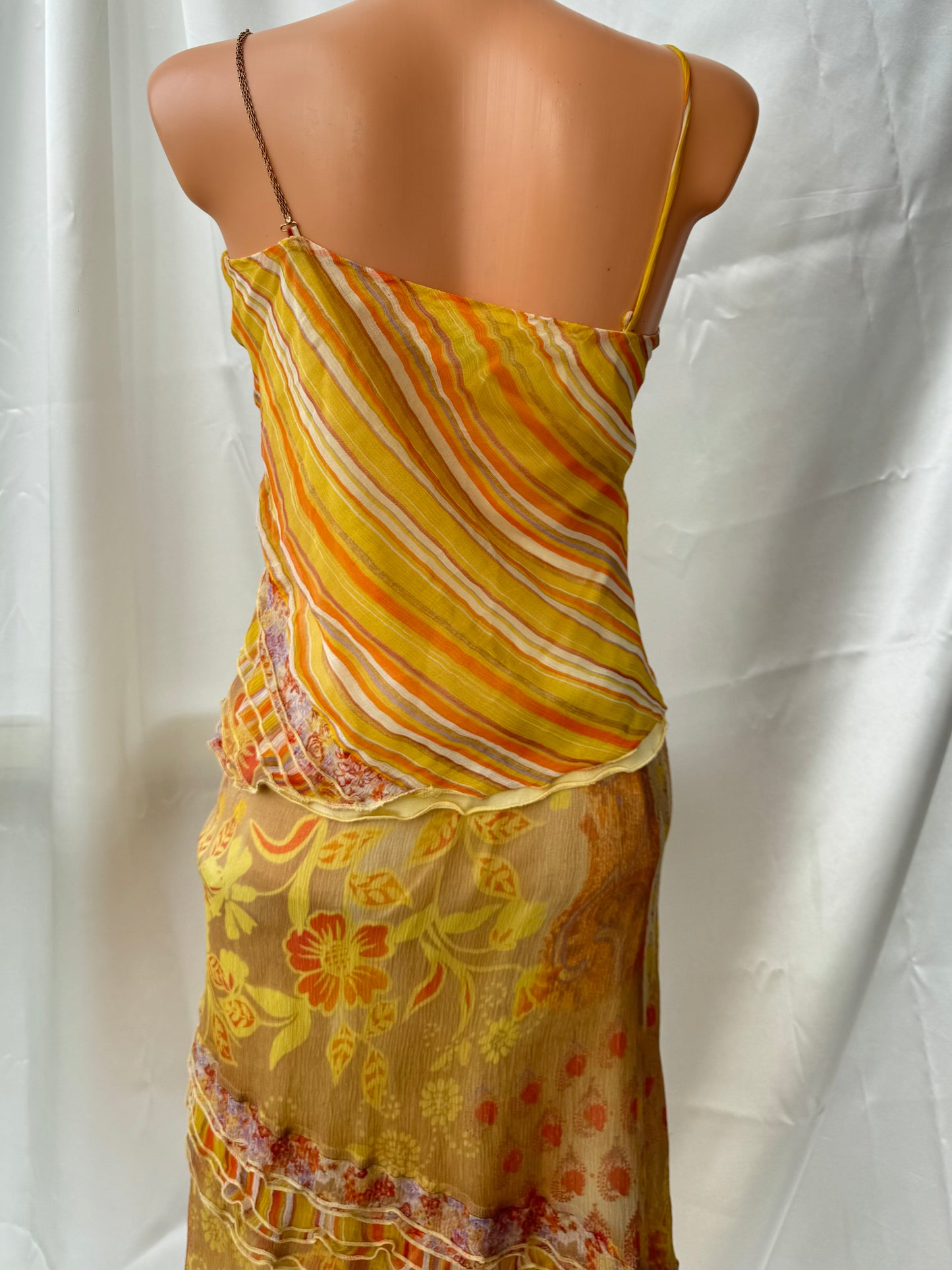 Vintage Yellow Floral & Striped Silk Skirt Set