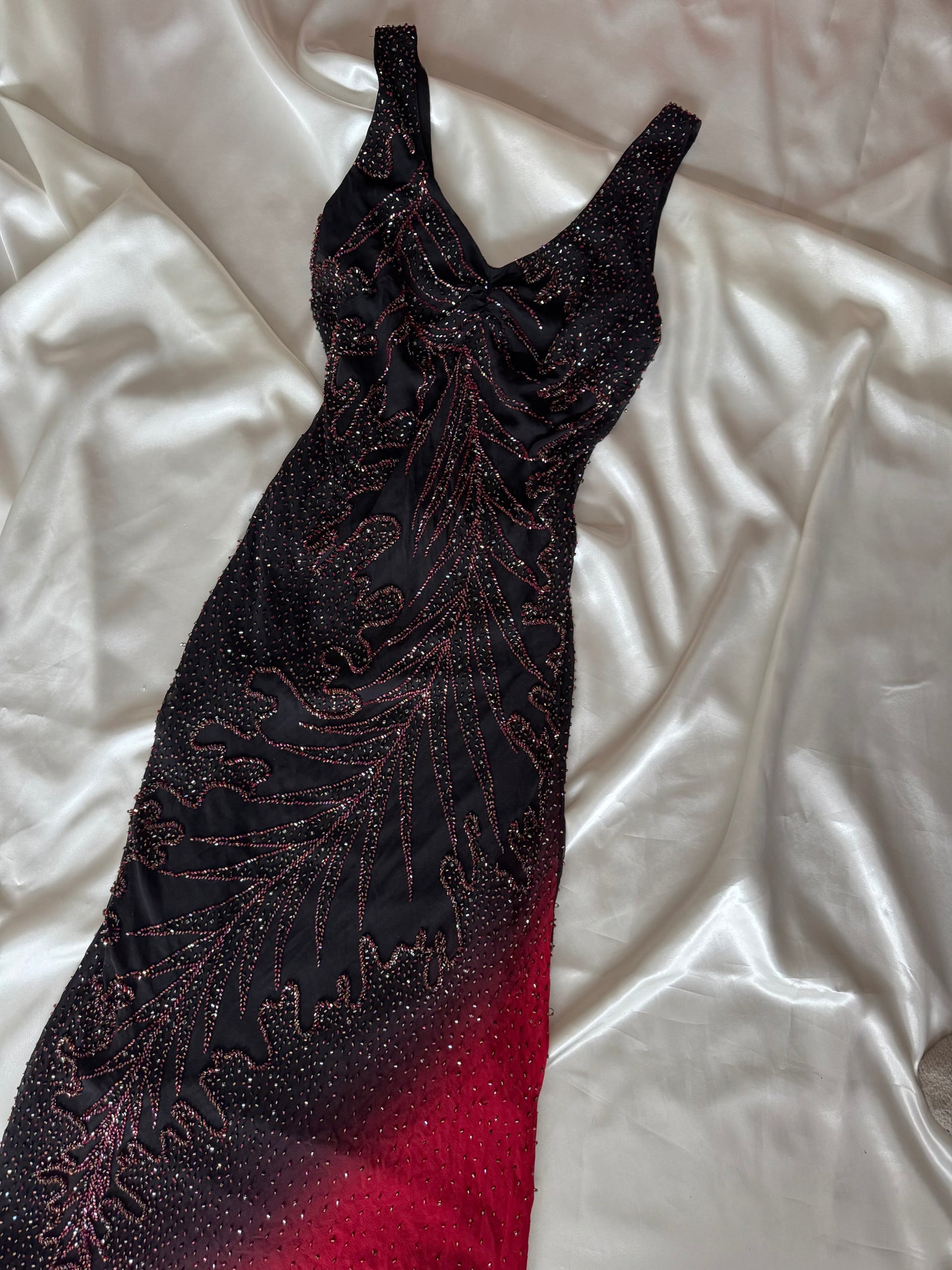 Long Black & Red Silk Beaded Vintage Dress