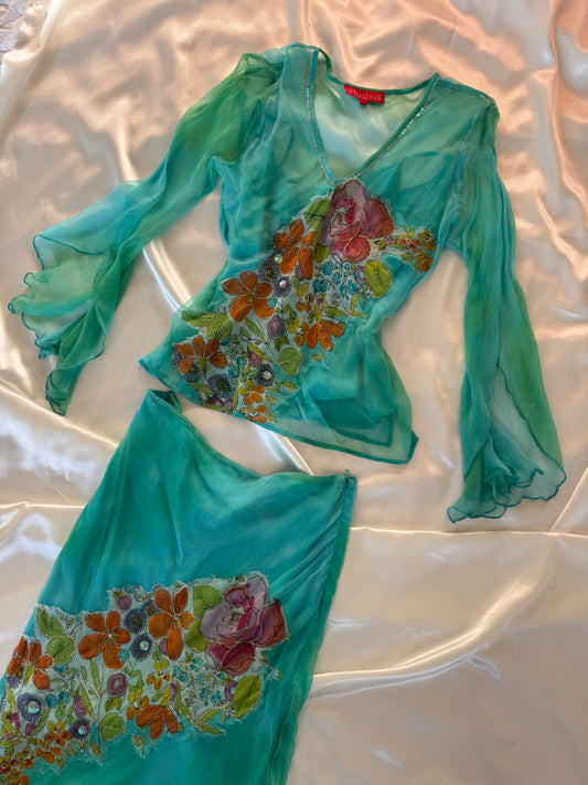 Flowy Green Blue Silk Skirt Set