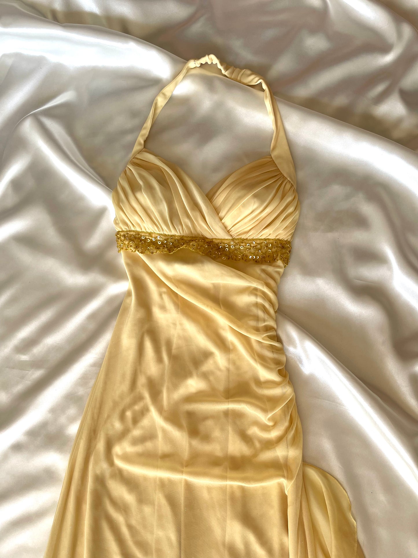 Sparkly Butter Yellow Halter Neck Vintage Dress