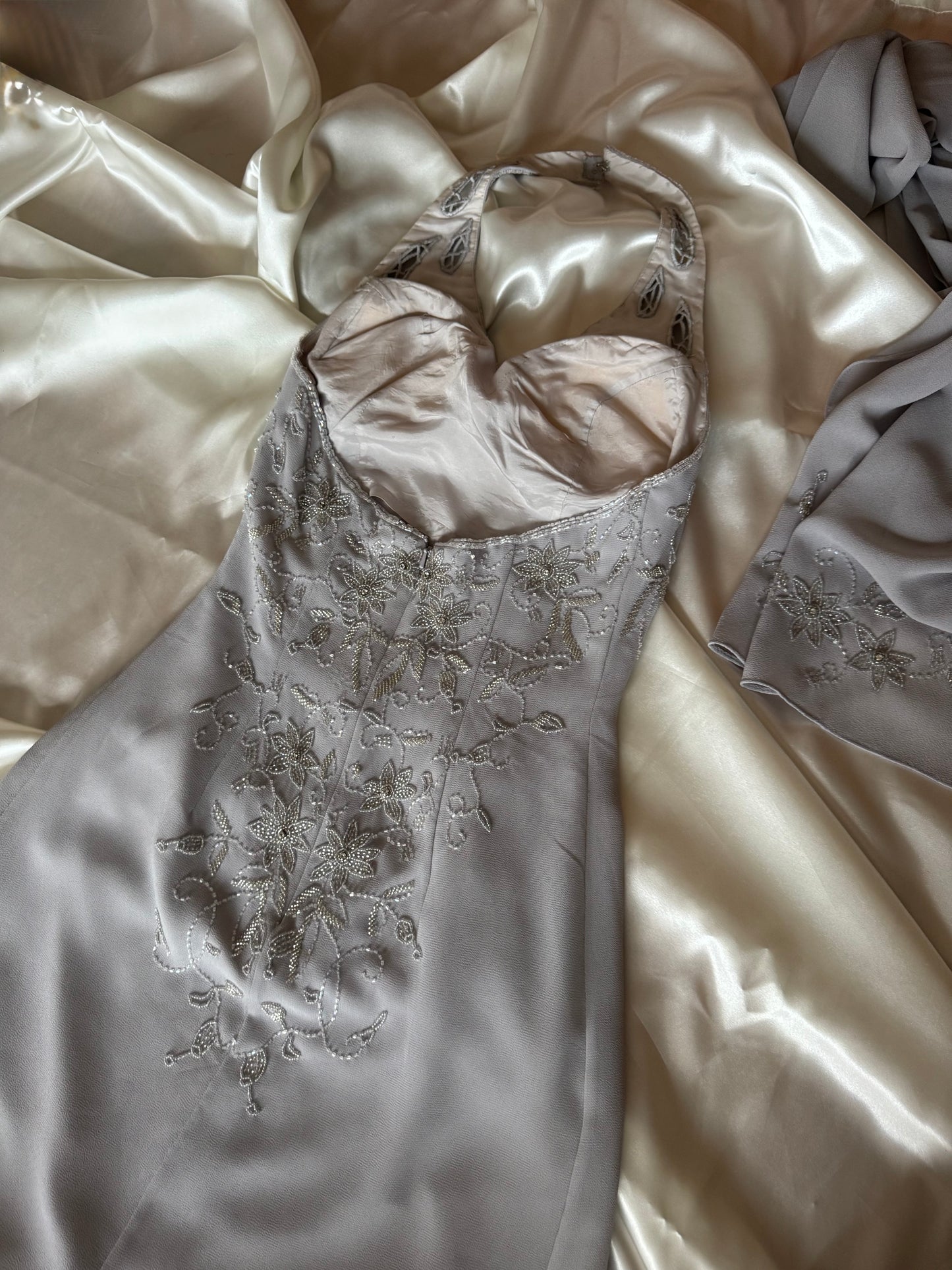 Gorgeous Gray Beaded Floral Vintage Royal Gown