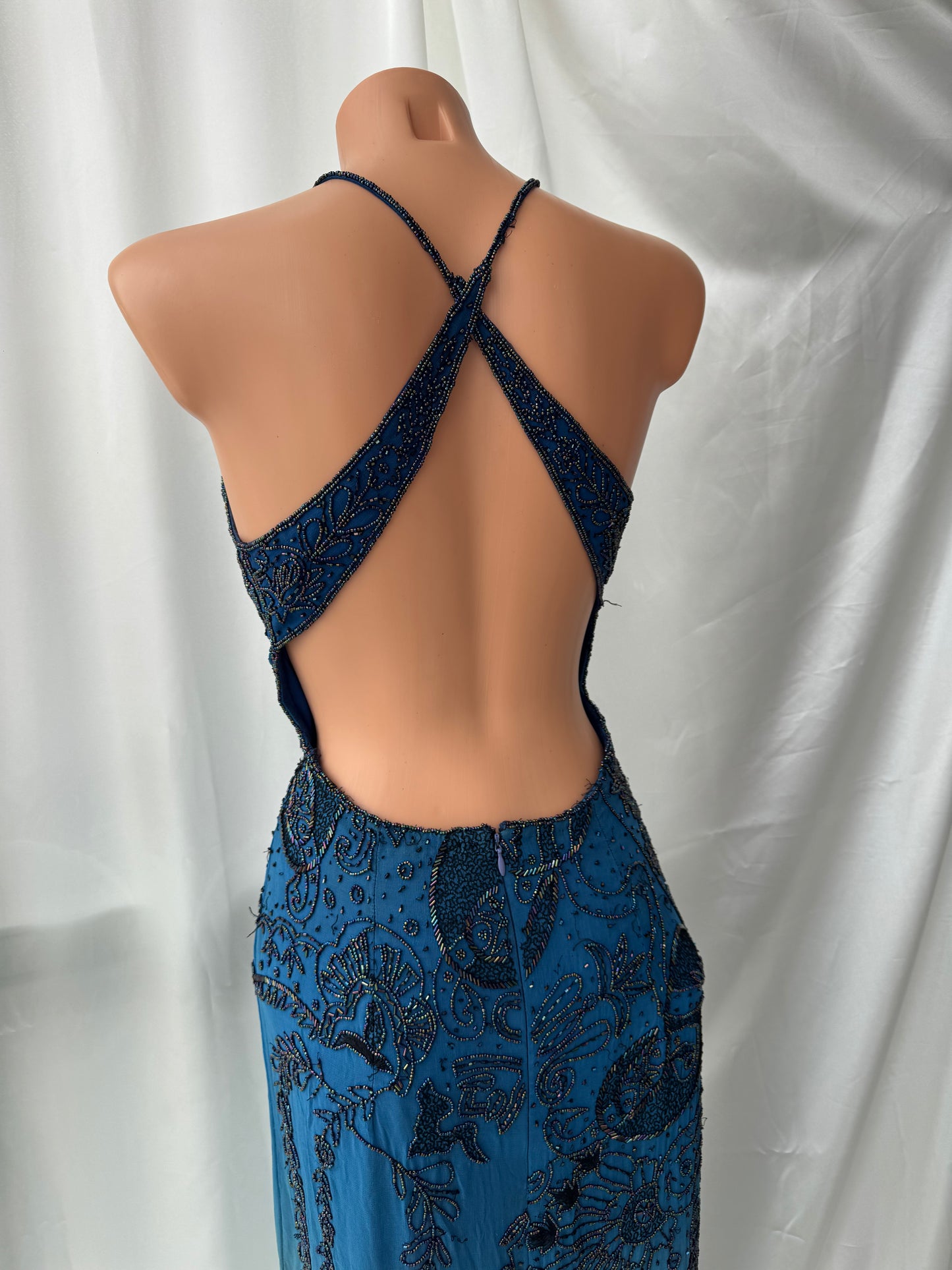 Spectacular Blue Maxi Silk Beaded Vintage Dress