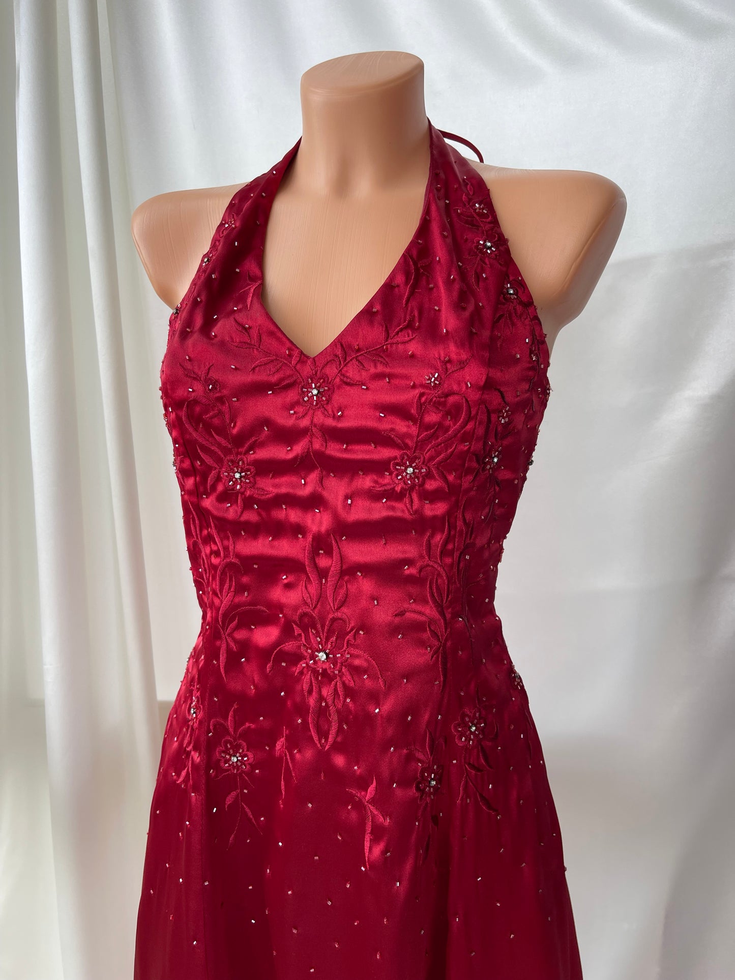 Vintage Long Red Halter Neck Satin Dress