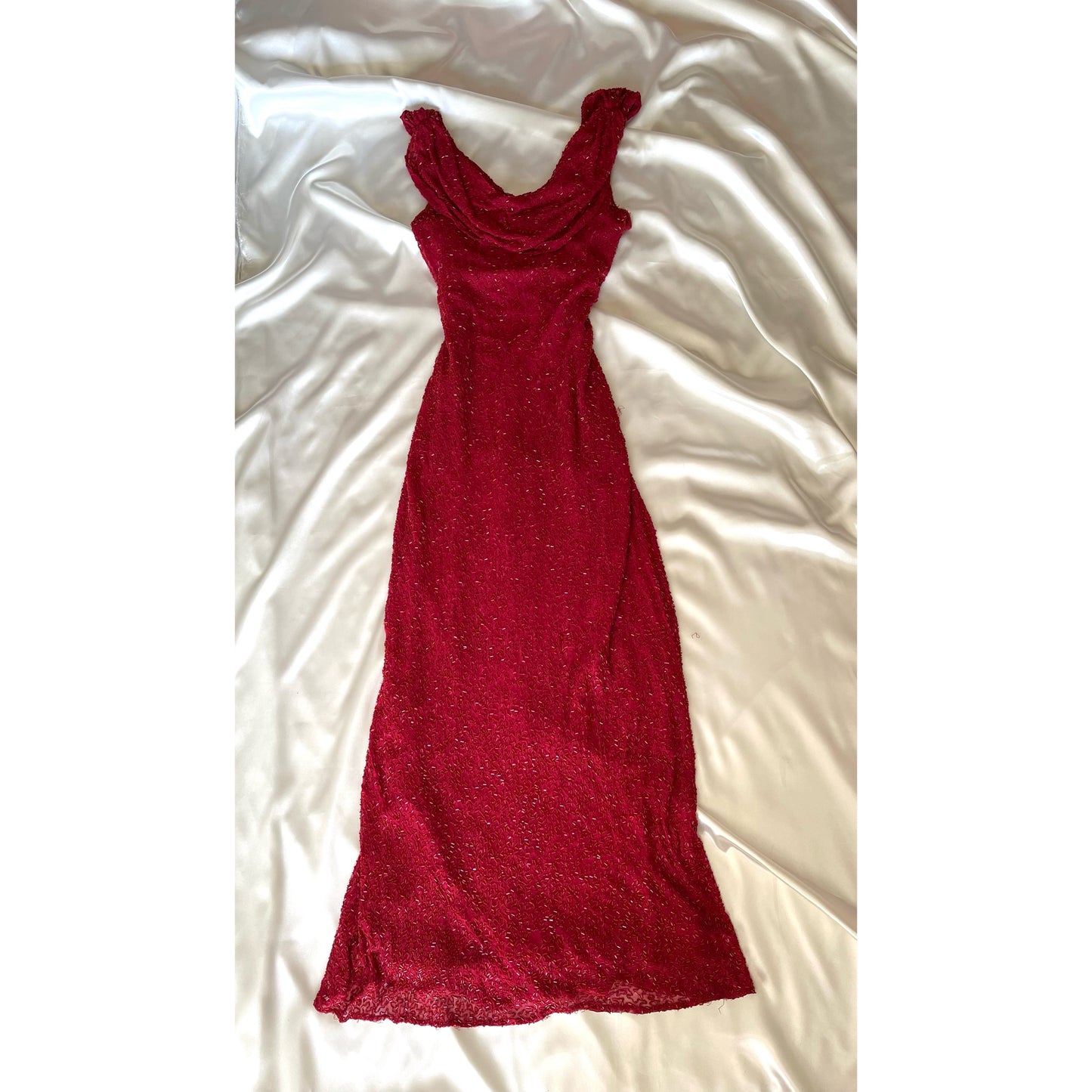 Vintage Long Red Beaded Cowl Neck Dress