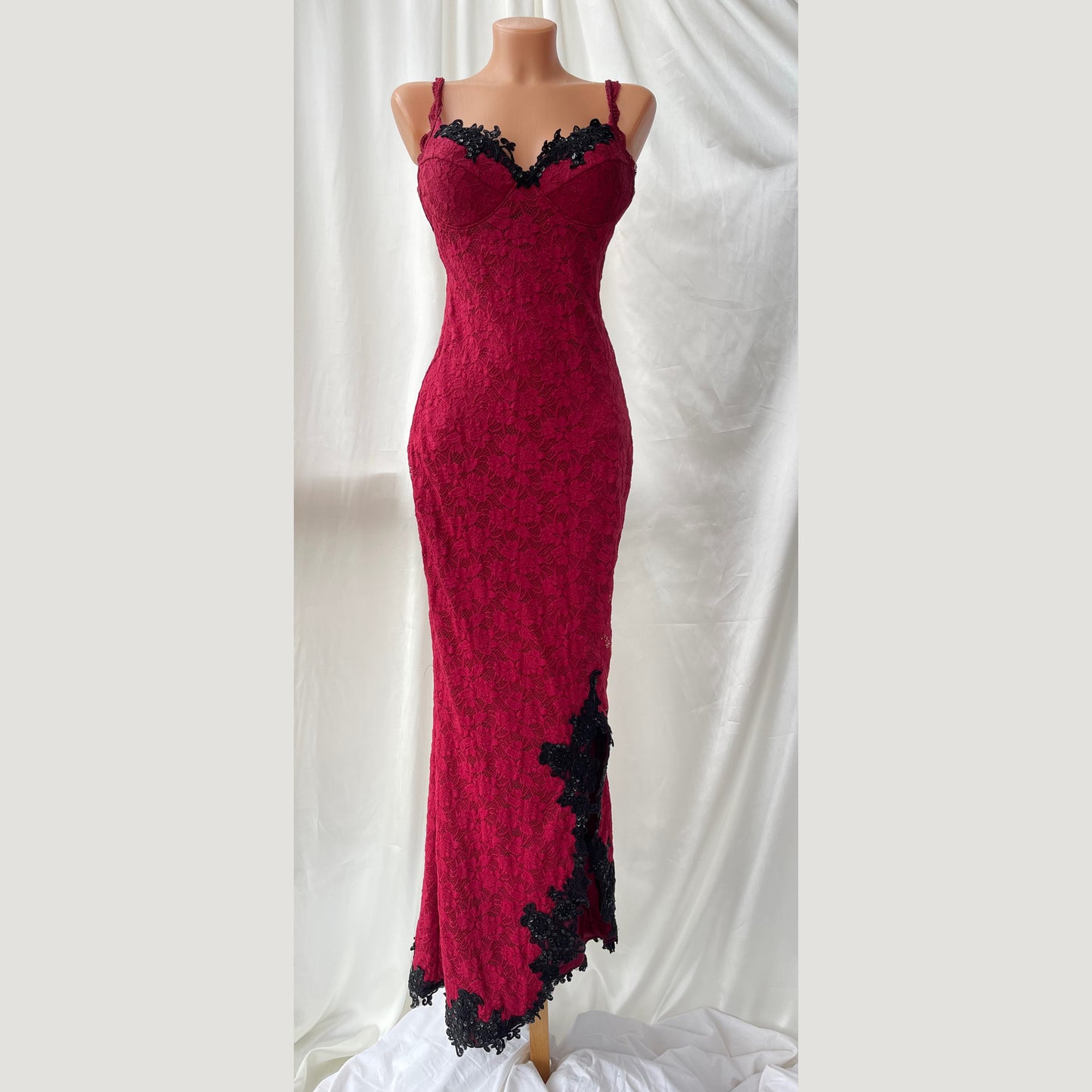 Red Vintage Gown with Black Lace Detailing