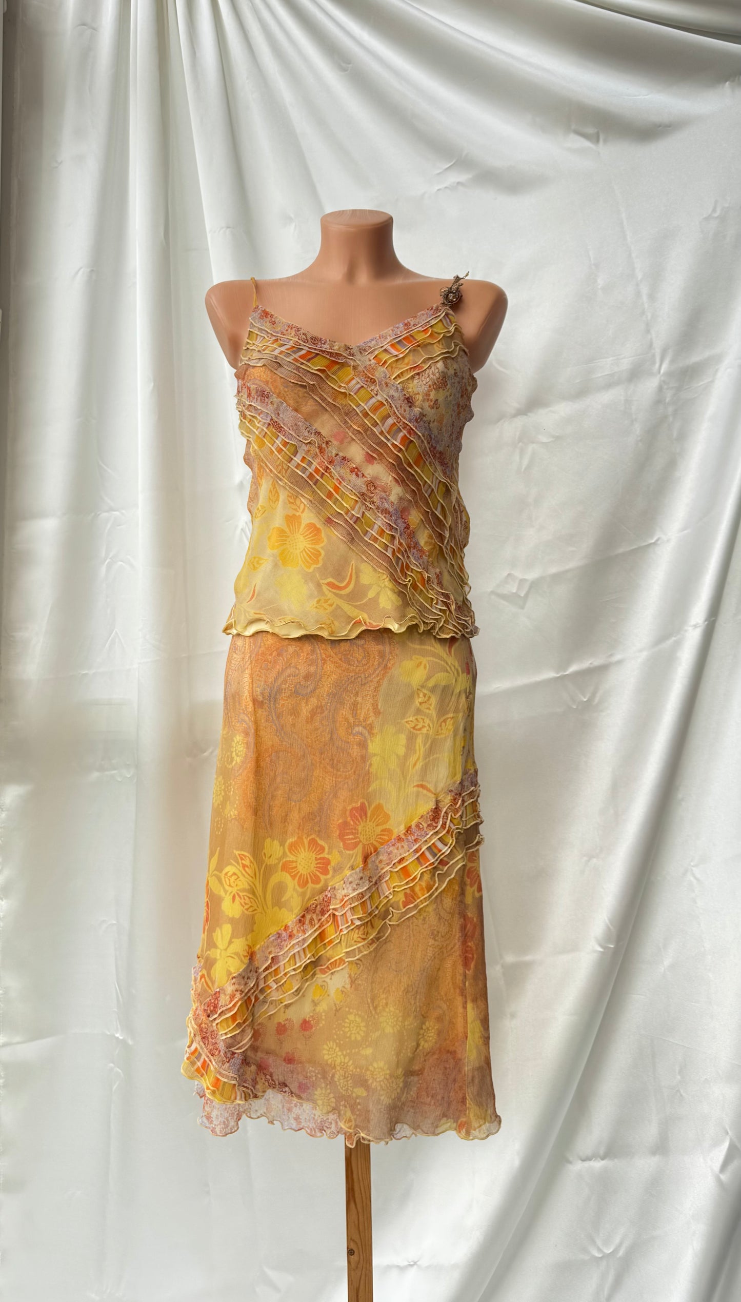 Vintage Yellow Floral & Striped Silk Skirt Set