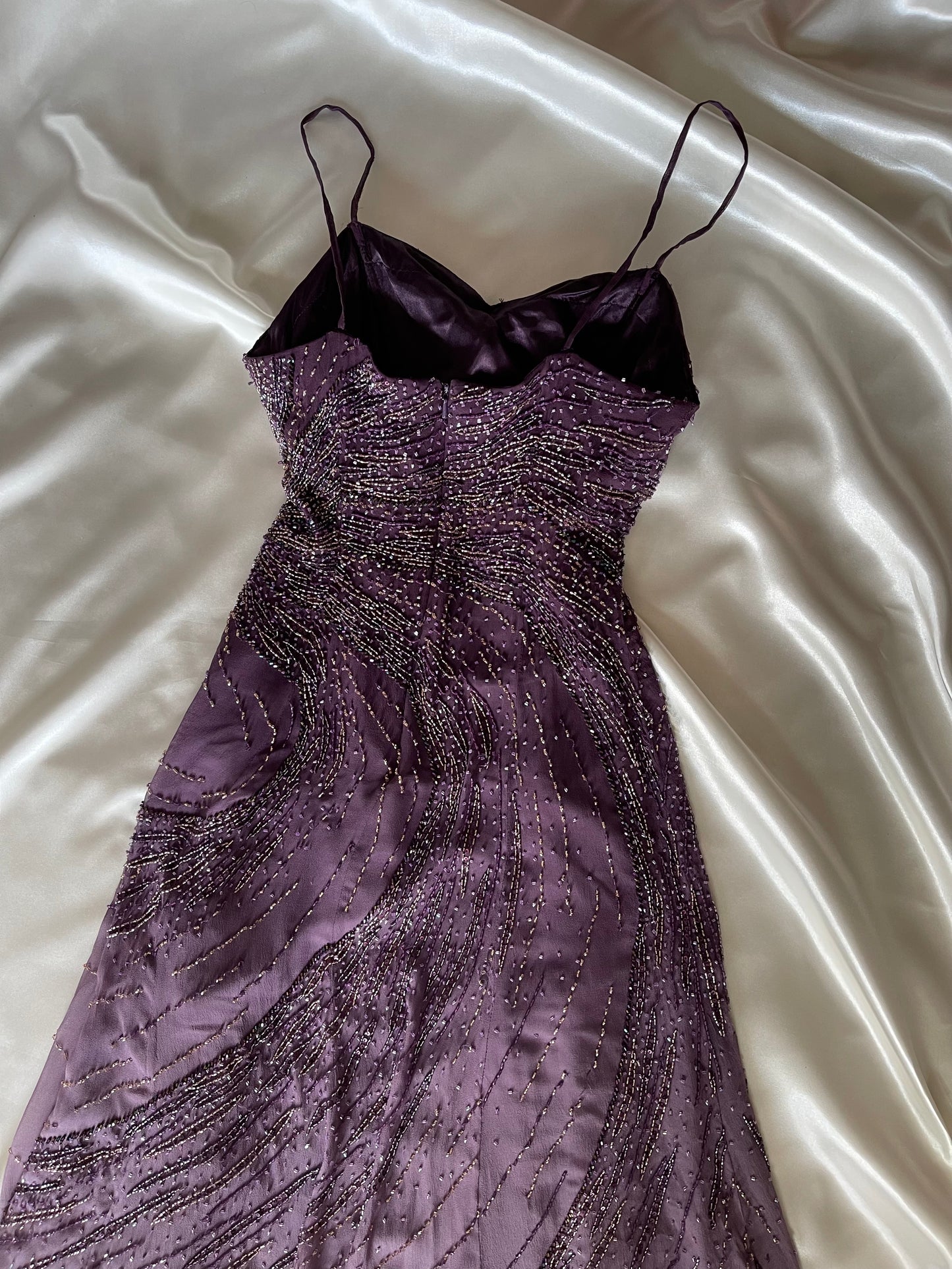 Vintage Long Purple Beaded Silk Dress