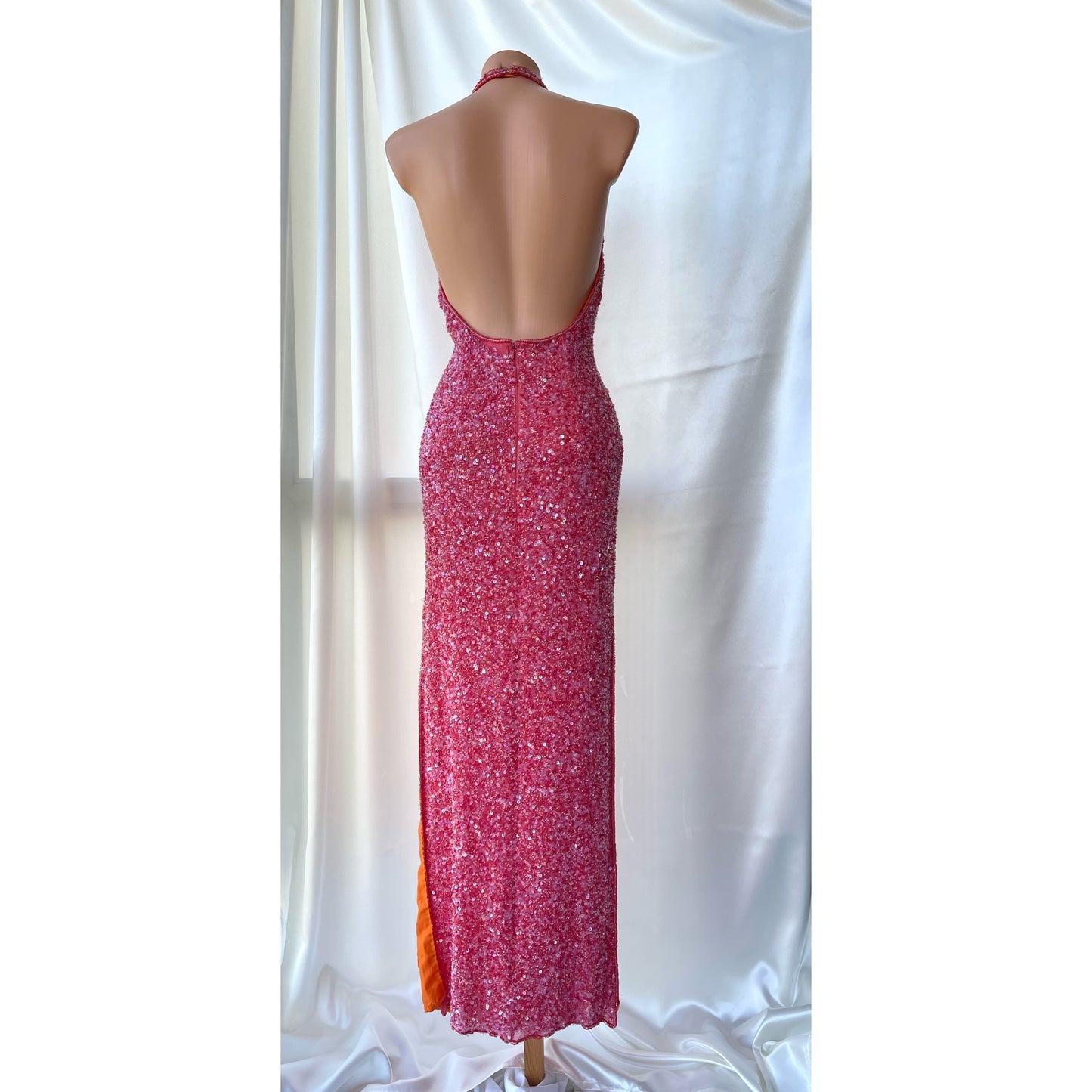 Vintage Long Pink Halter Neck Beaded Dress
