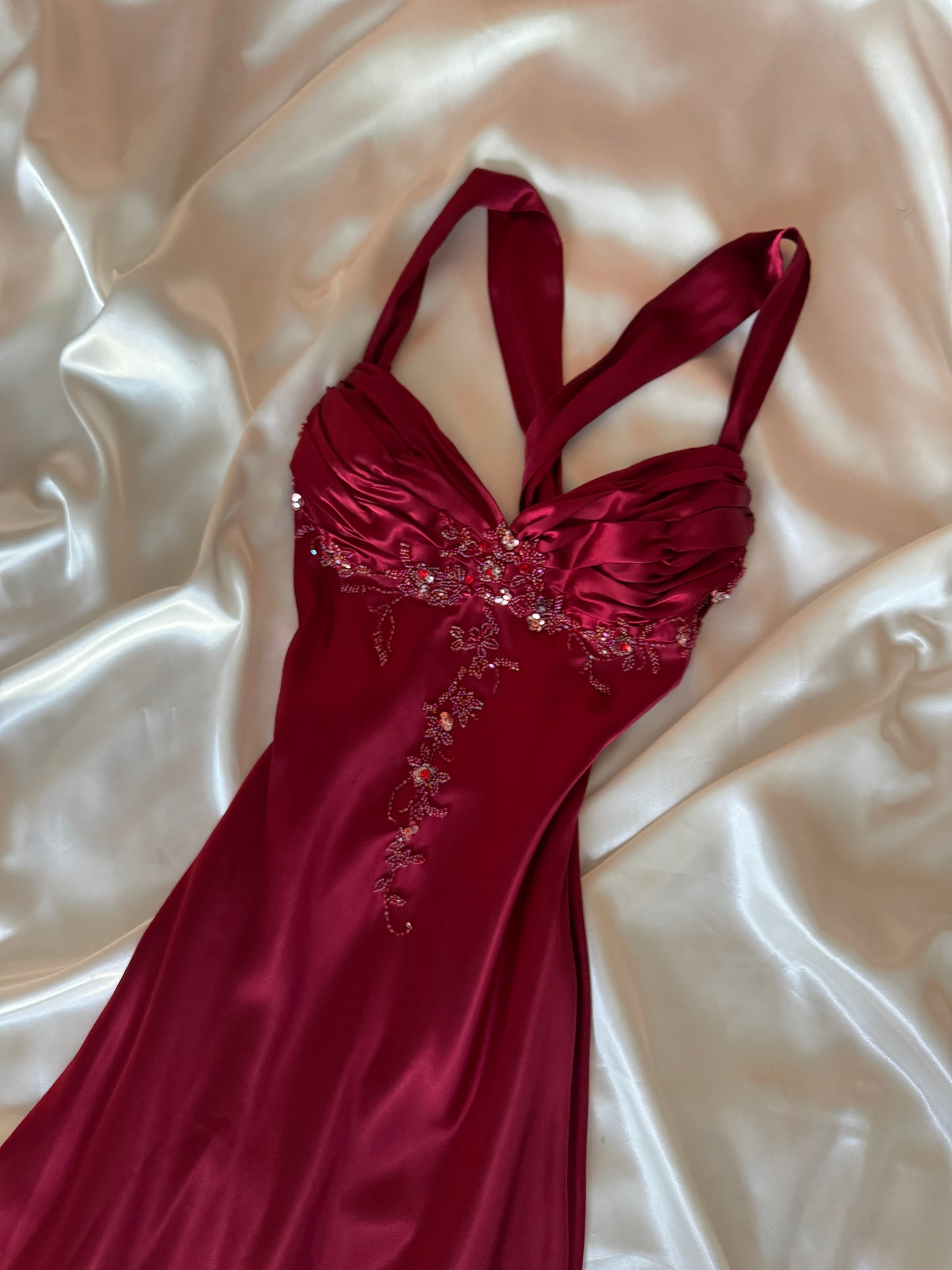Red Vampy Long Vintage Satin Beaded Gown