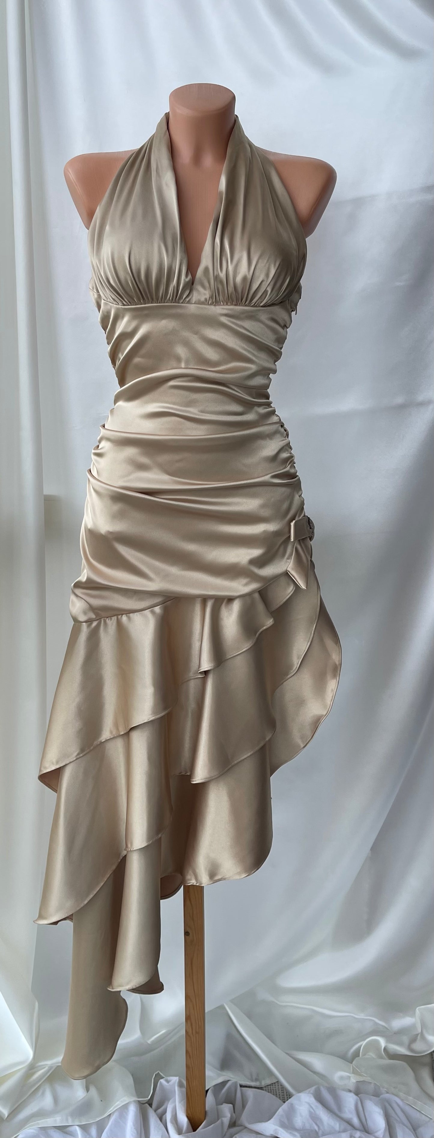 Beautiful Champagne Satin Side Rutched Vintage Dress