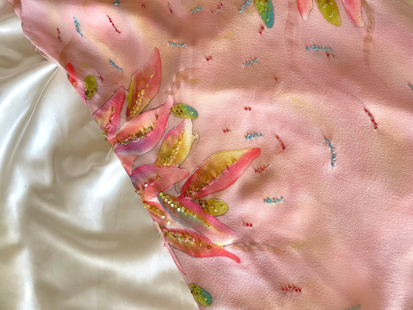 Spectacular Pink & Yellow Beaded Silk Dress
