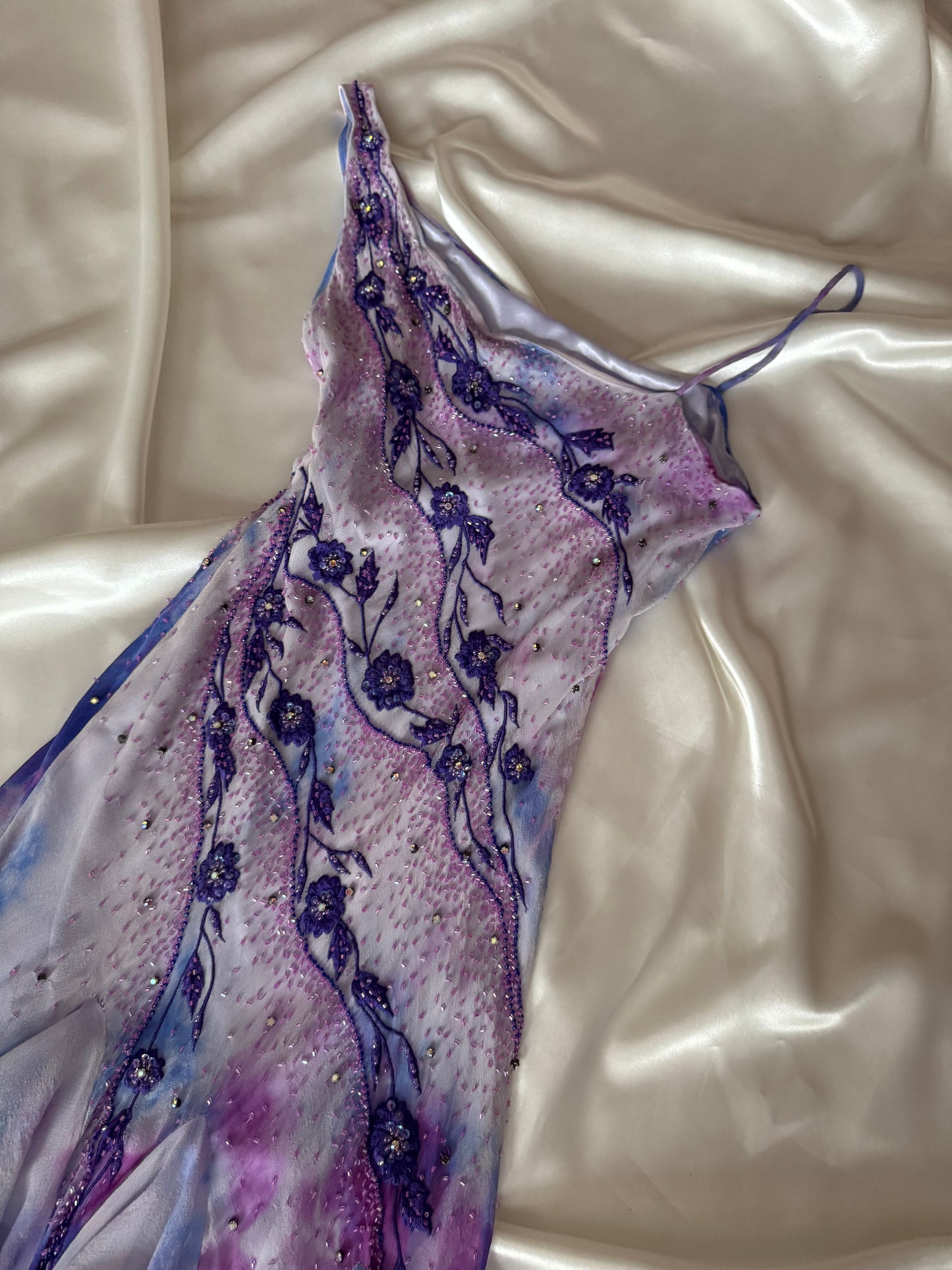 Vintage Frill Skirt Purple and White Beaded Silk Dress