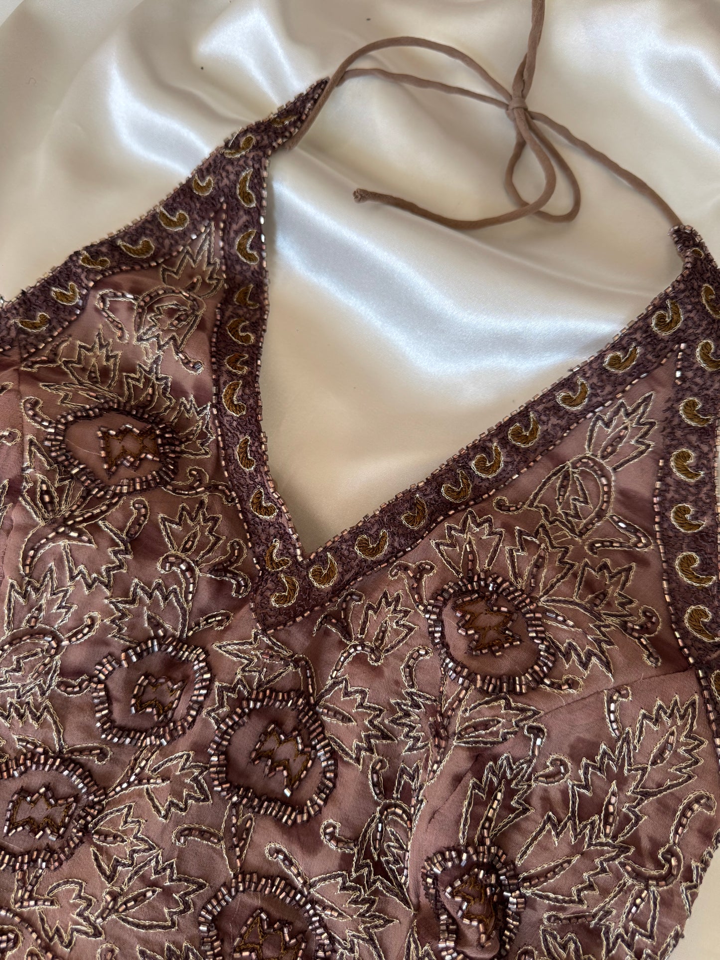 Brown Beaded Silk Vintage Top