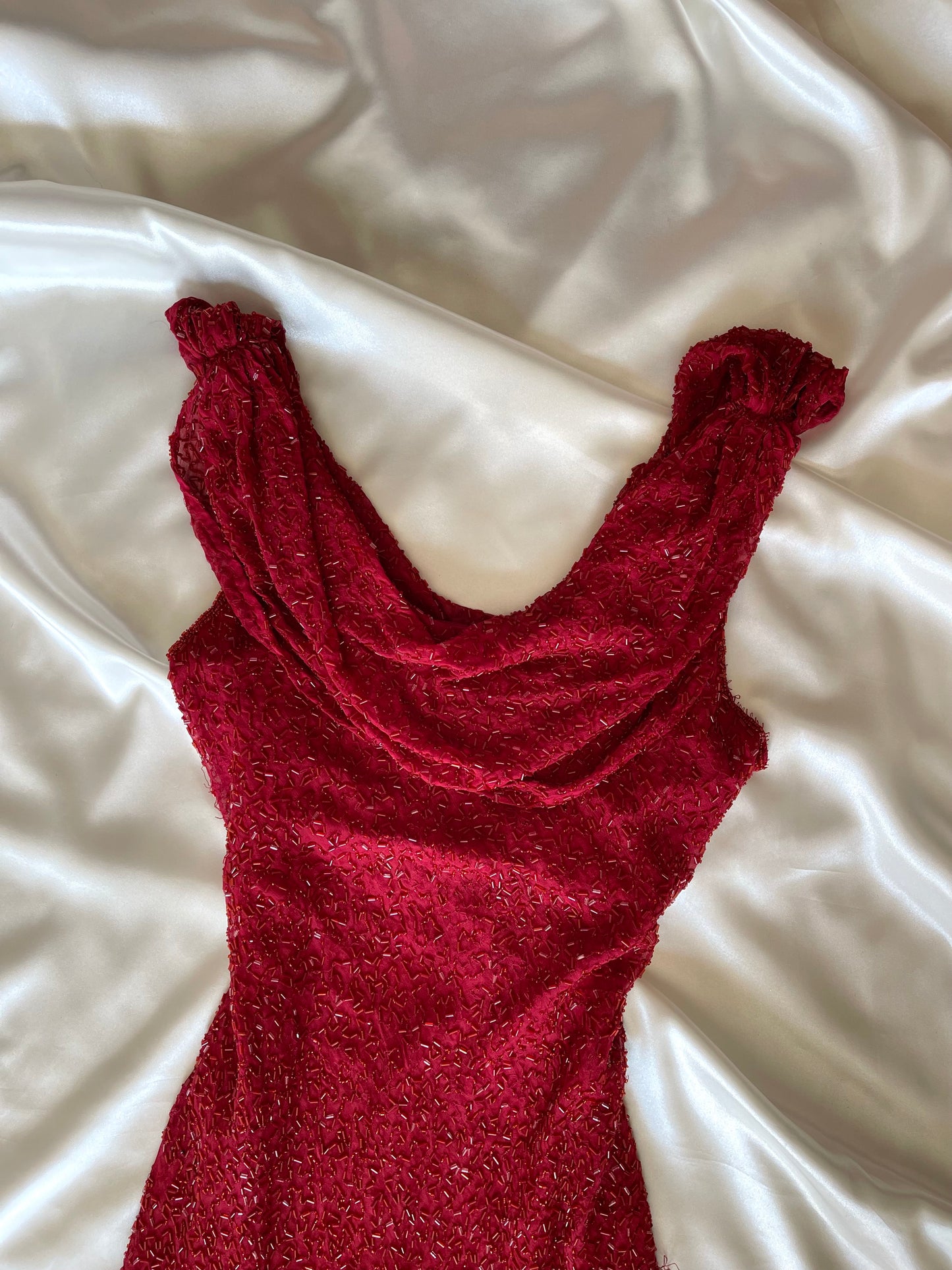 Vintage Long Red Beaded Cowl Neck Dress