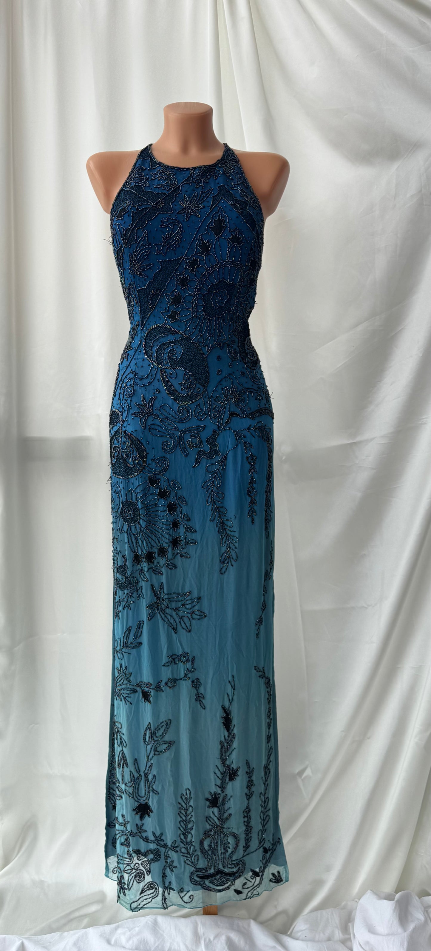 Spectacular Blue Maxi Silk Beaded Vintage Dress