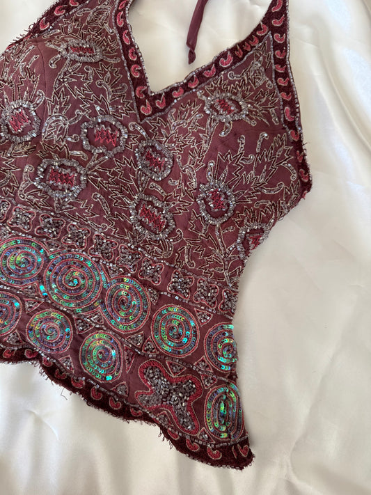 Brown Beaded Silk Vintage Top