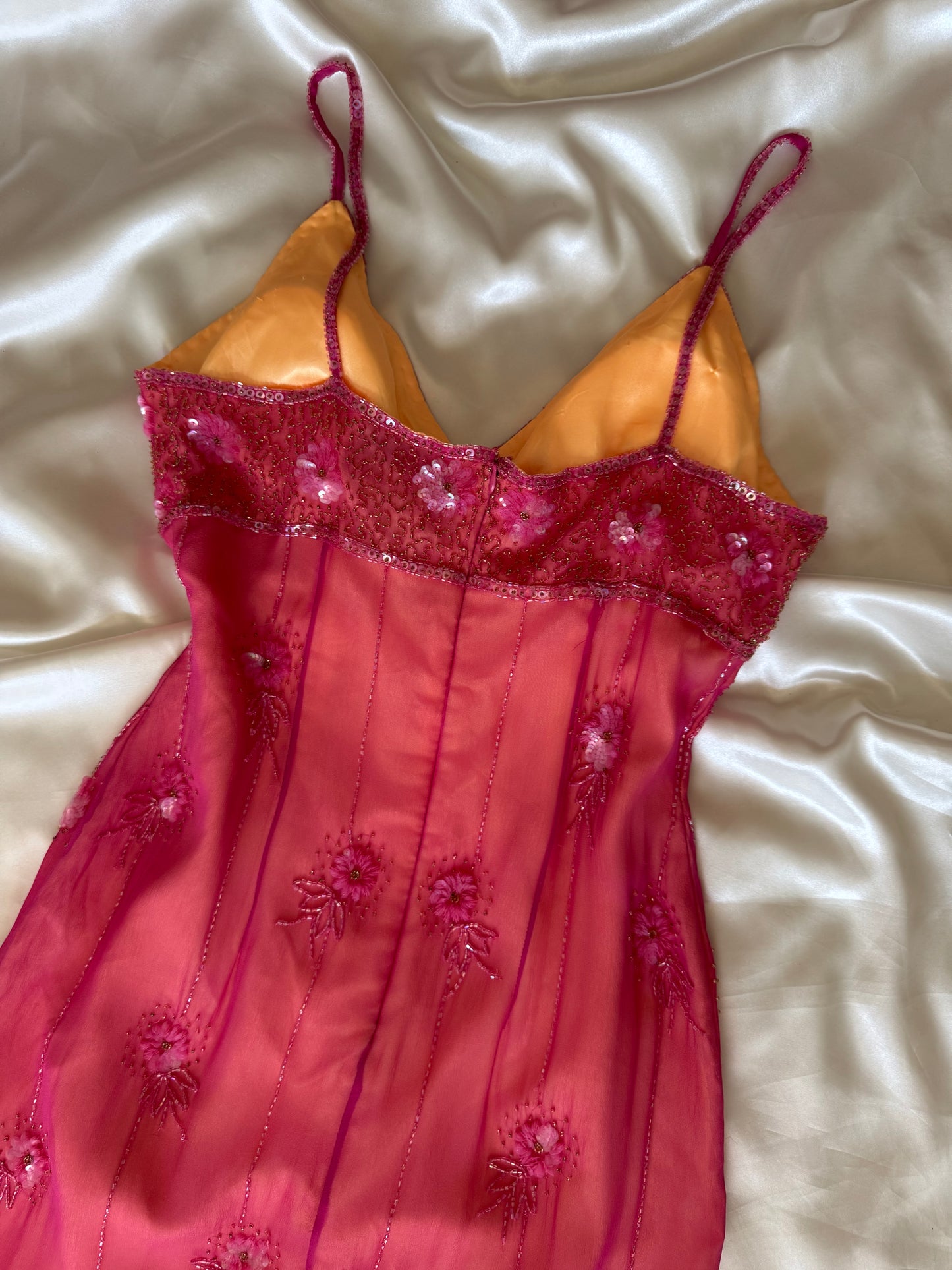Stunning Beaded Vintage Pink Flower Silk Dress