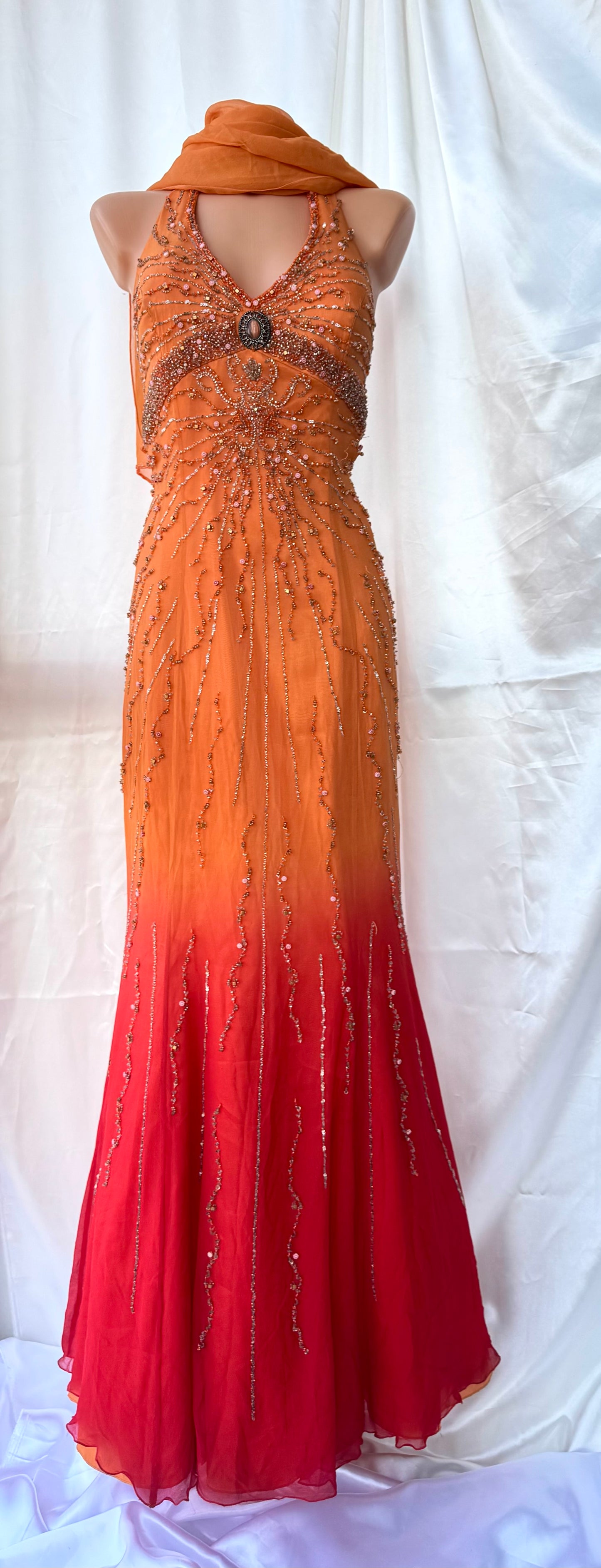 Stunning Beaded Vintage Orange Ombre Silk Dress