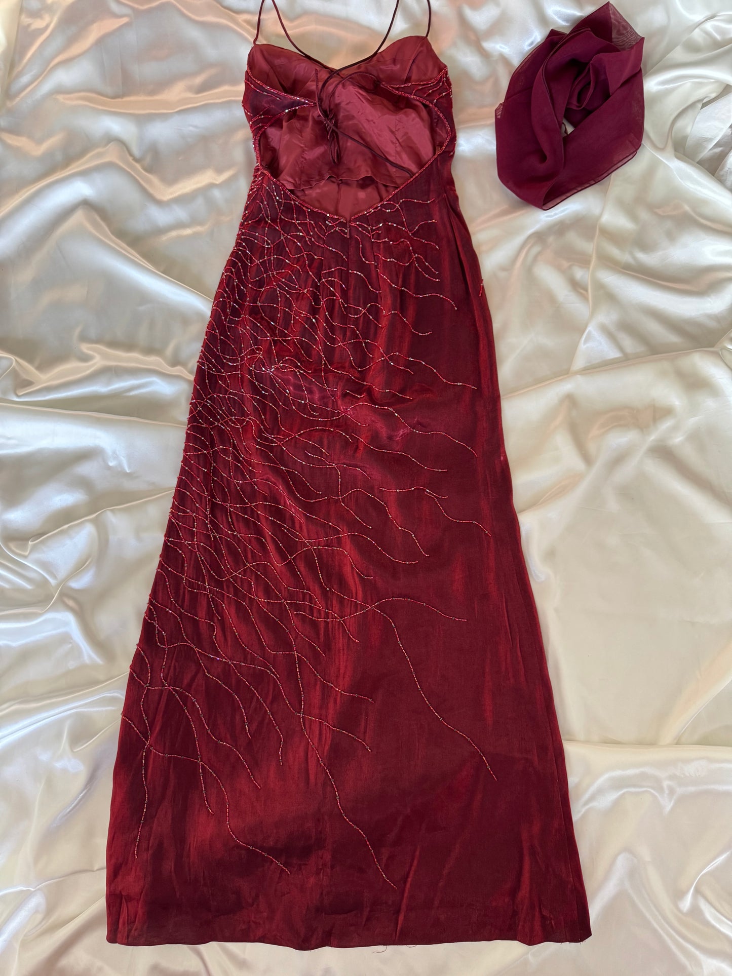Red Flame Vampy Long Vintage Satin Beaded Gown