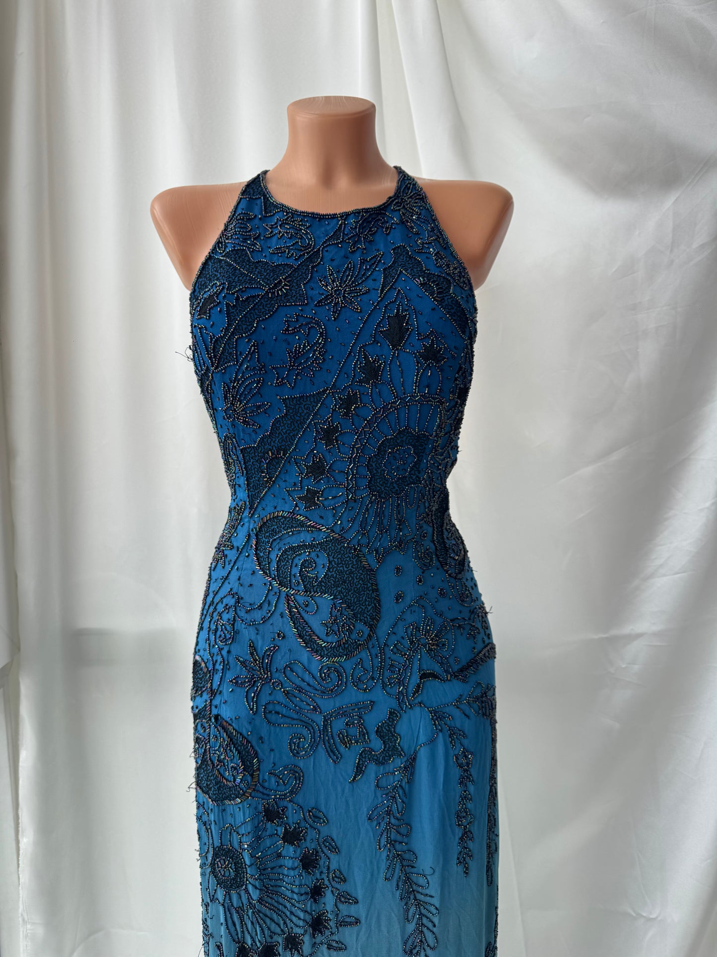 Spectacular Blue Maxi Silk Beaded Vintage Dress