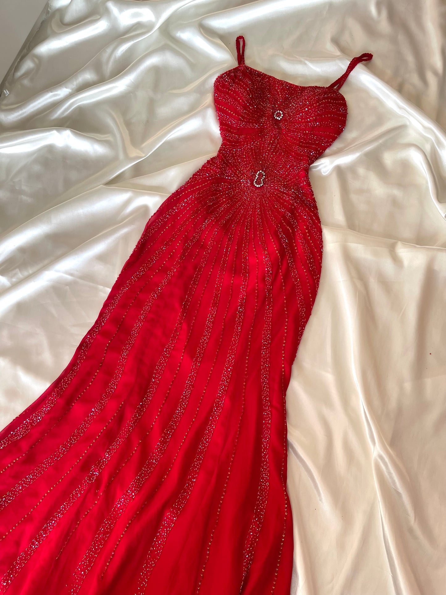 Red Beaded Cut Out Vintage Dress