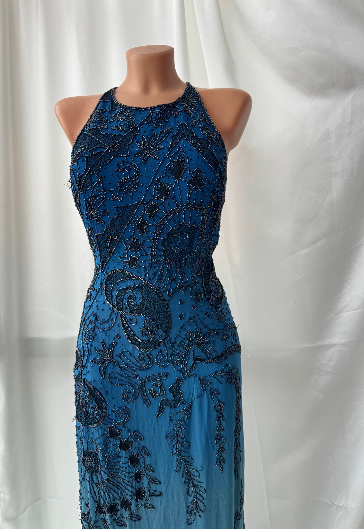 Spectacular Blue Maxi Silk Beaded Vintage Dress