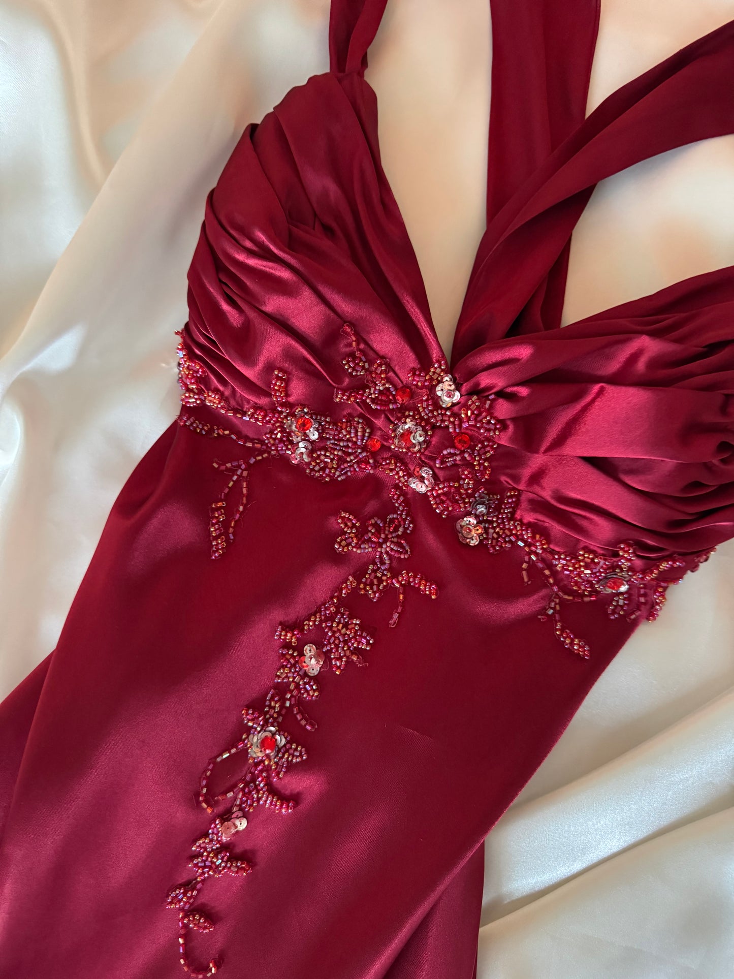 Red Vampy Long Vintage Satin Beaded Gown