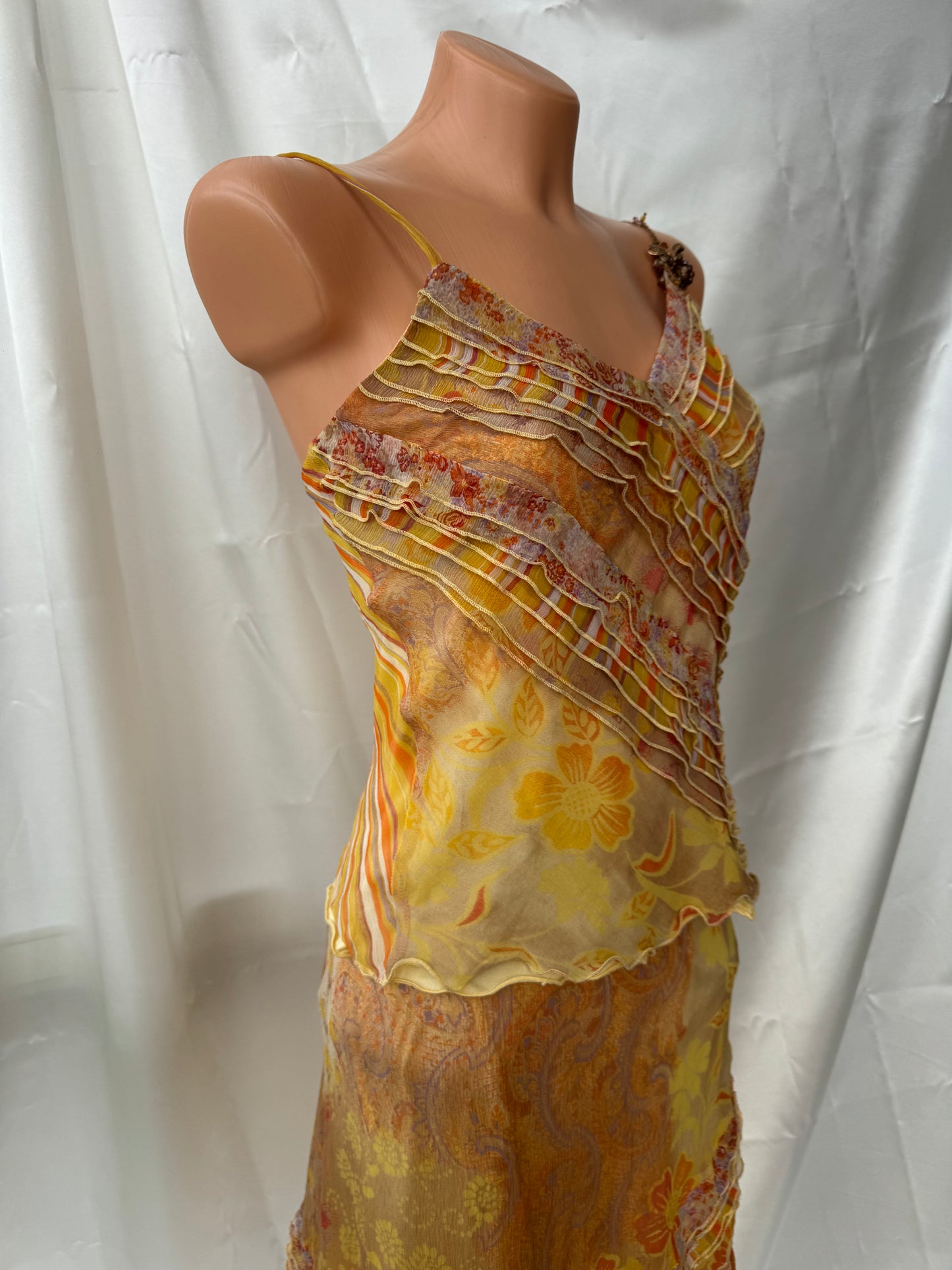 Vintage Yellow Floral & Striped Silk Skirt Set
