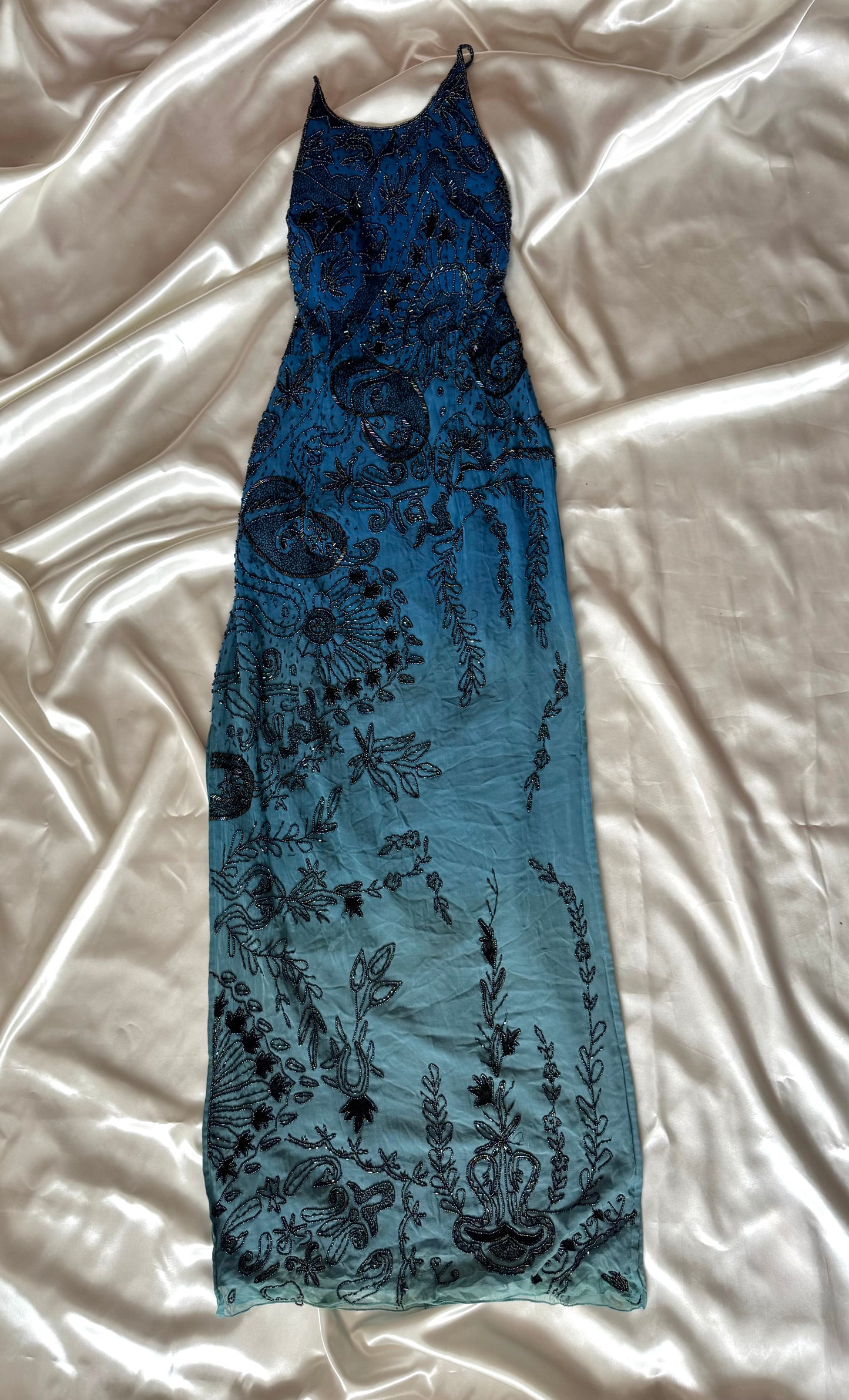 Spectacular Blue Maxi Silk Beaded Vintage Dress