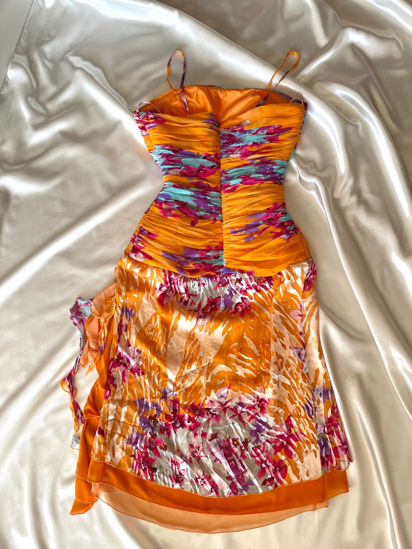 Beautiful Floral Orange Silk Vintage Dress