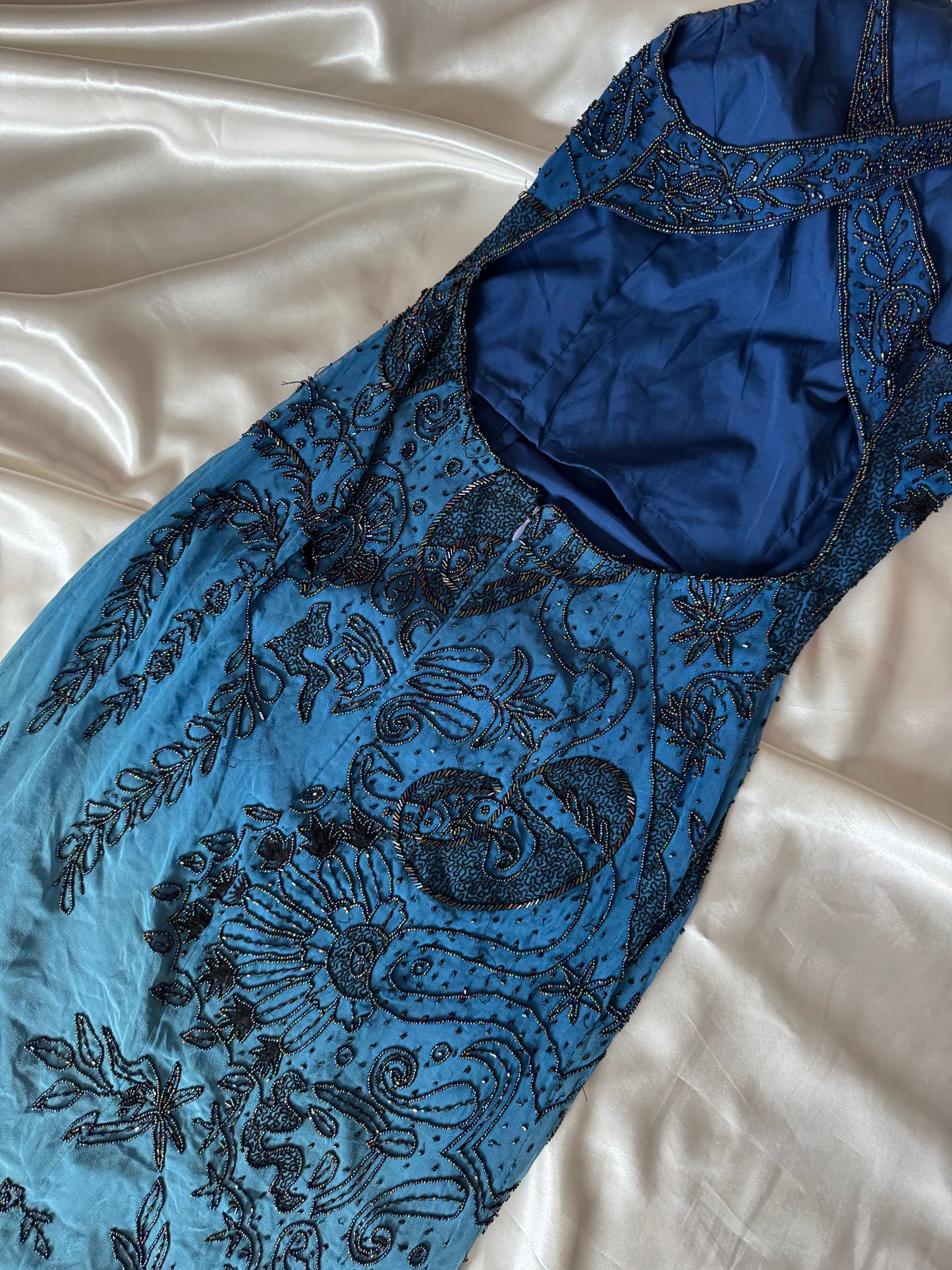 Spectacular Blue Maxi Silk Beaded Vintage Dress