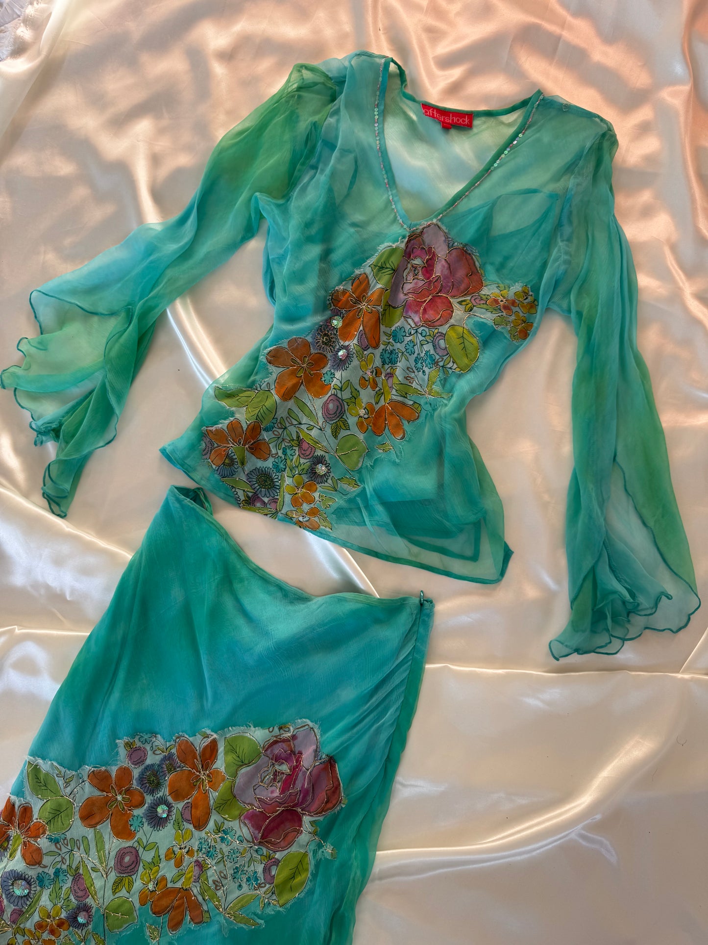 Flowy Green Blue Silk Skirt Set