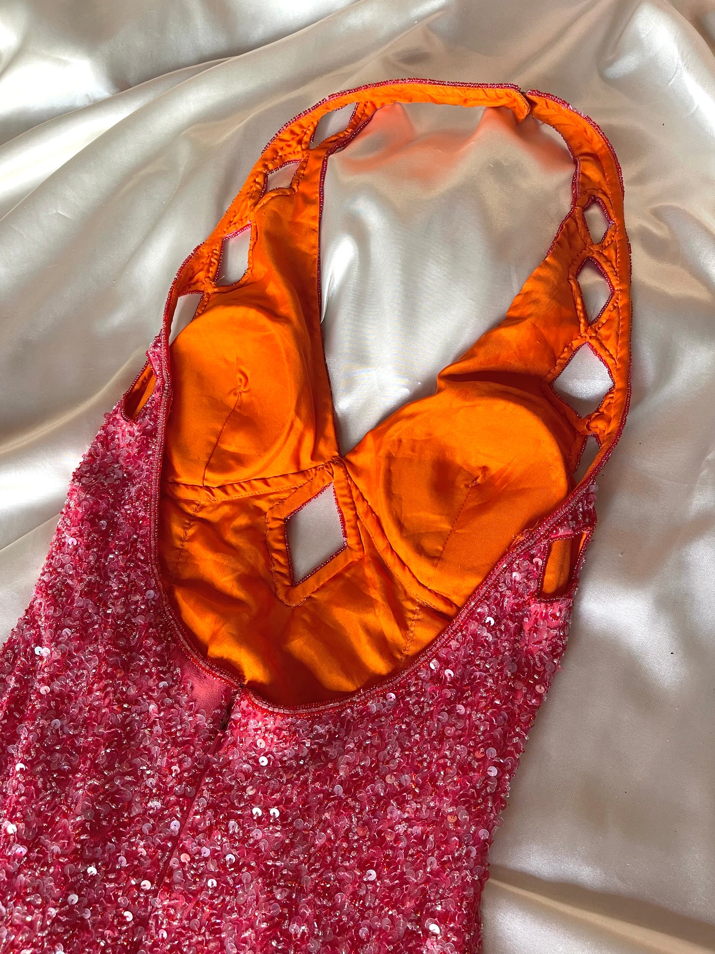 Vintage Long Pink Halter Neck Beaded Dress