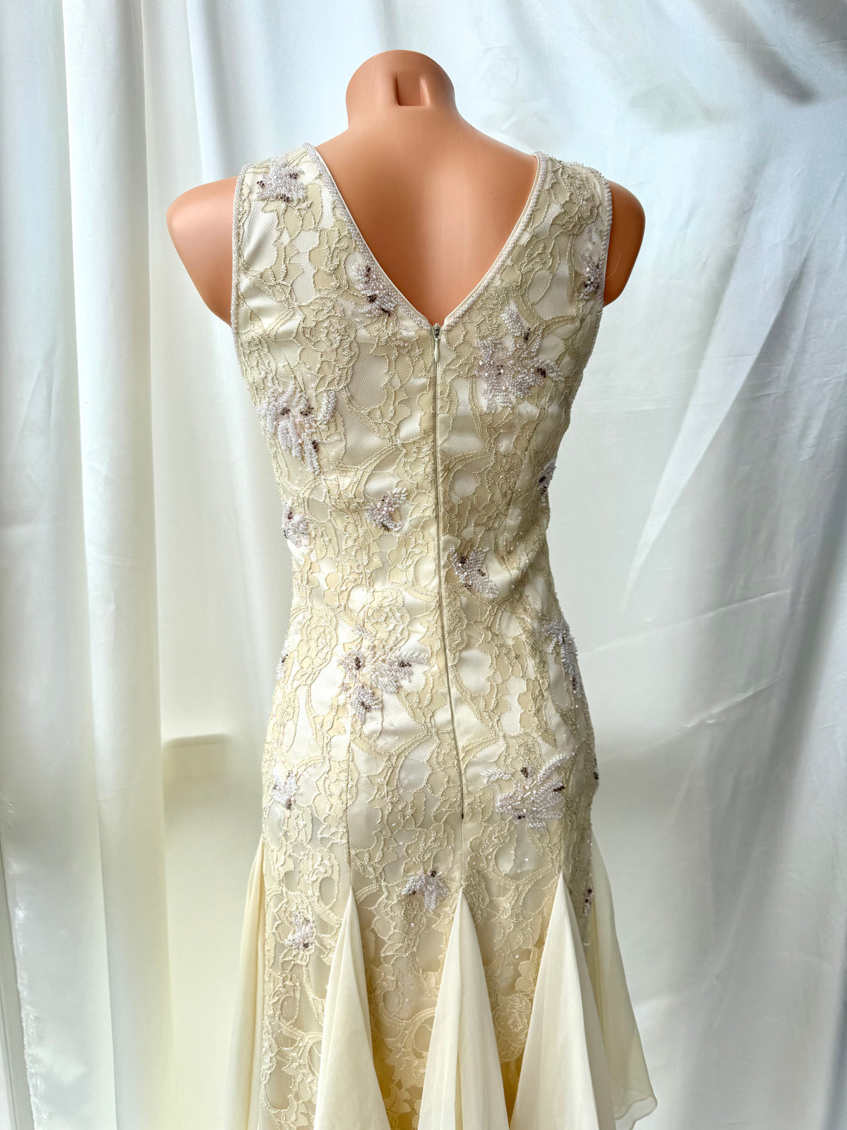 Cream Beaded Vintage Ruffle Dress