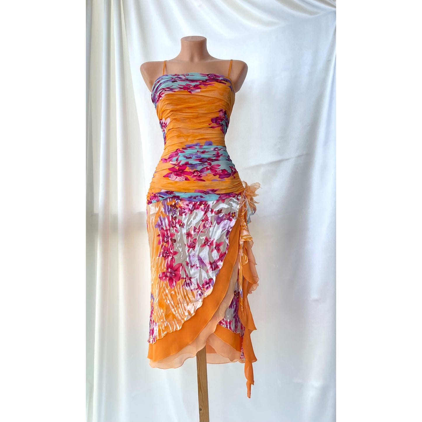 Beautiful Floral Orange Silk Vintage Dress
