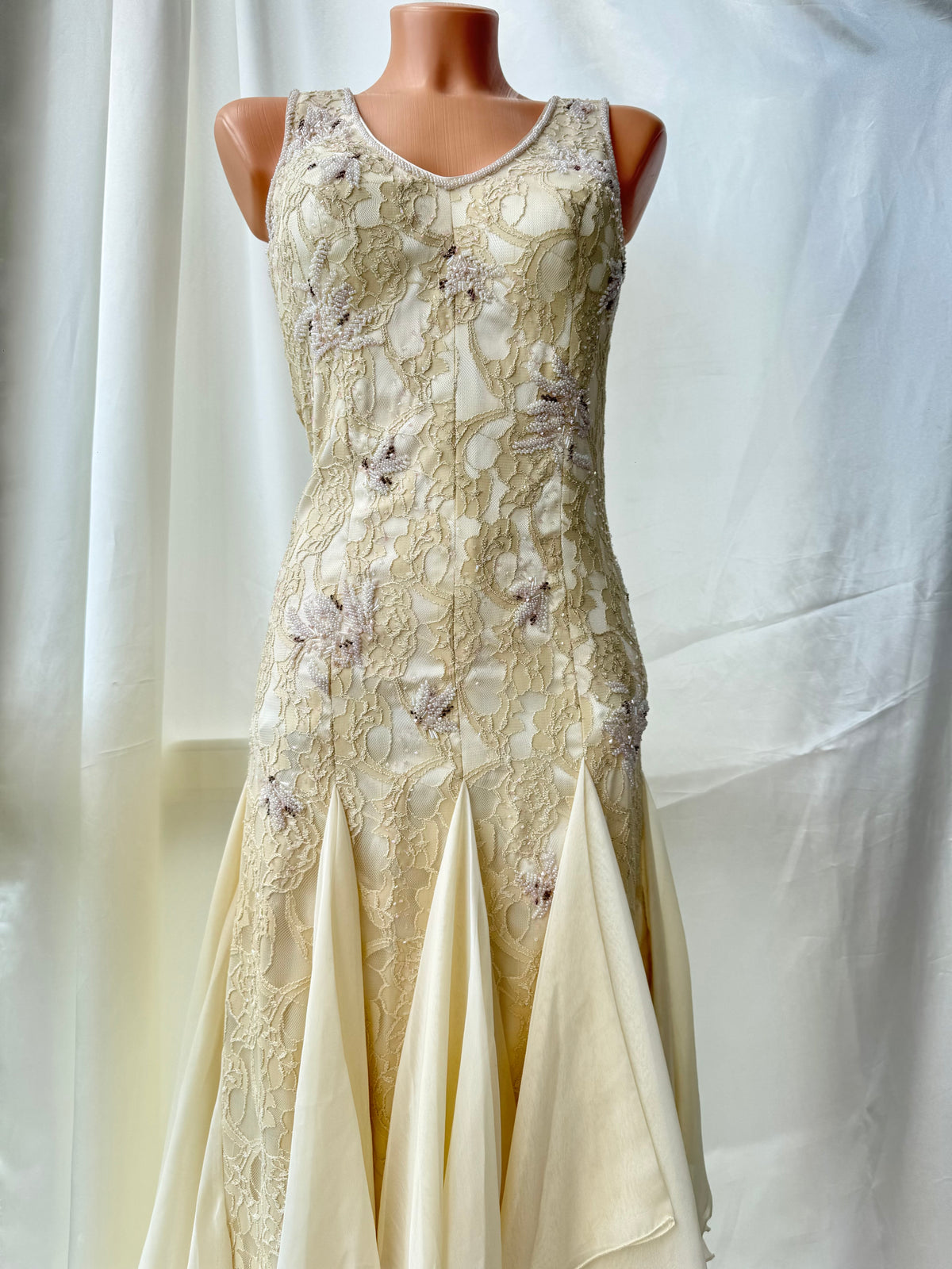 Cream Beaded Vintage Ruffle Dress