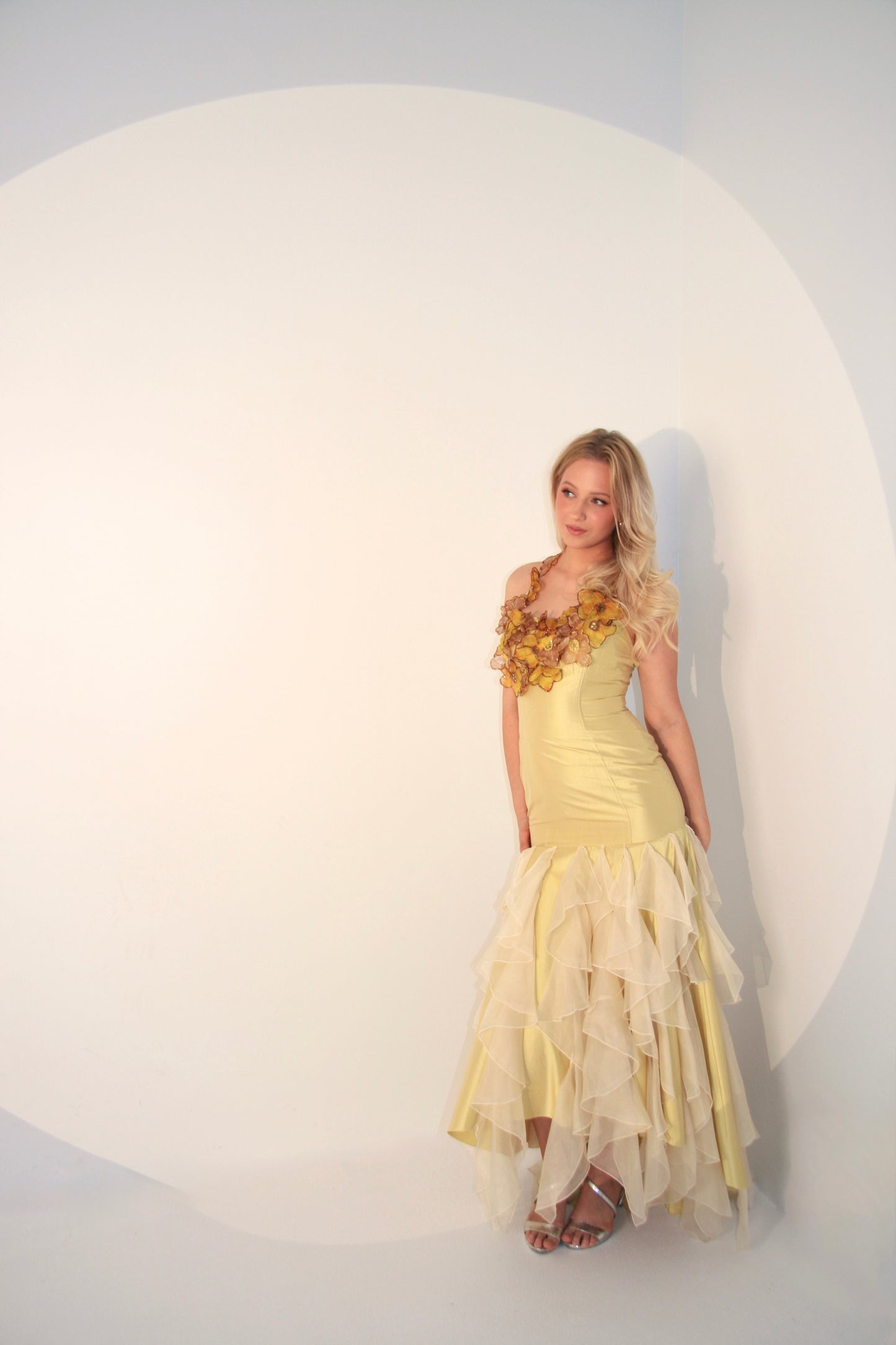 Beautiful Floral Subtle Yellow Silk Vintage Dress