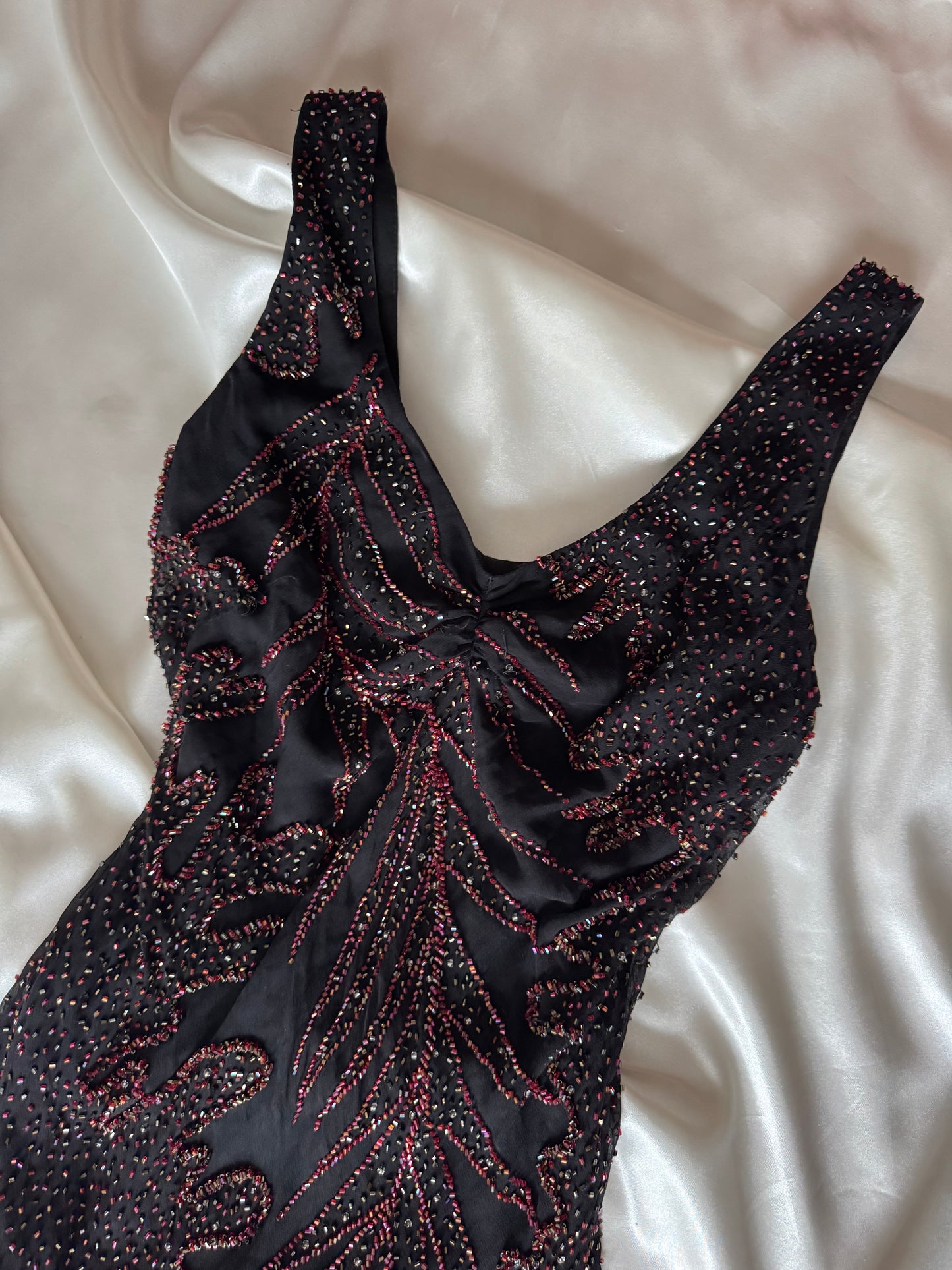 Long Black & Red Silk Beaded Vintage Dress