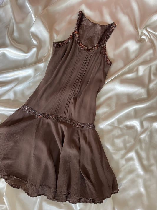 Sequin Brown Beaded Silk Dress